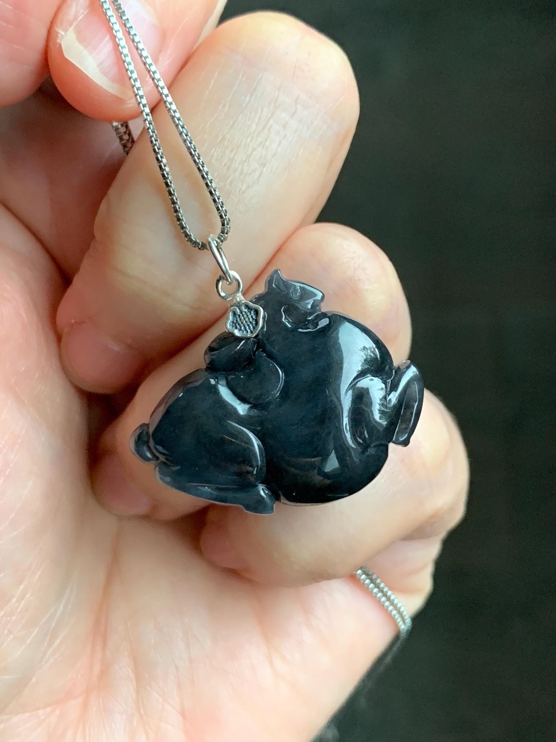 Natural Grade A Icy Translucent Gelatinous Dark Wuji Jade Jadeite Carved Tang Horse Pendant Sterling Silver 11g 天然冰胶深色乌鸡翡翠唐马银镶吊坠 MWJ440A