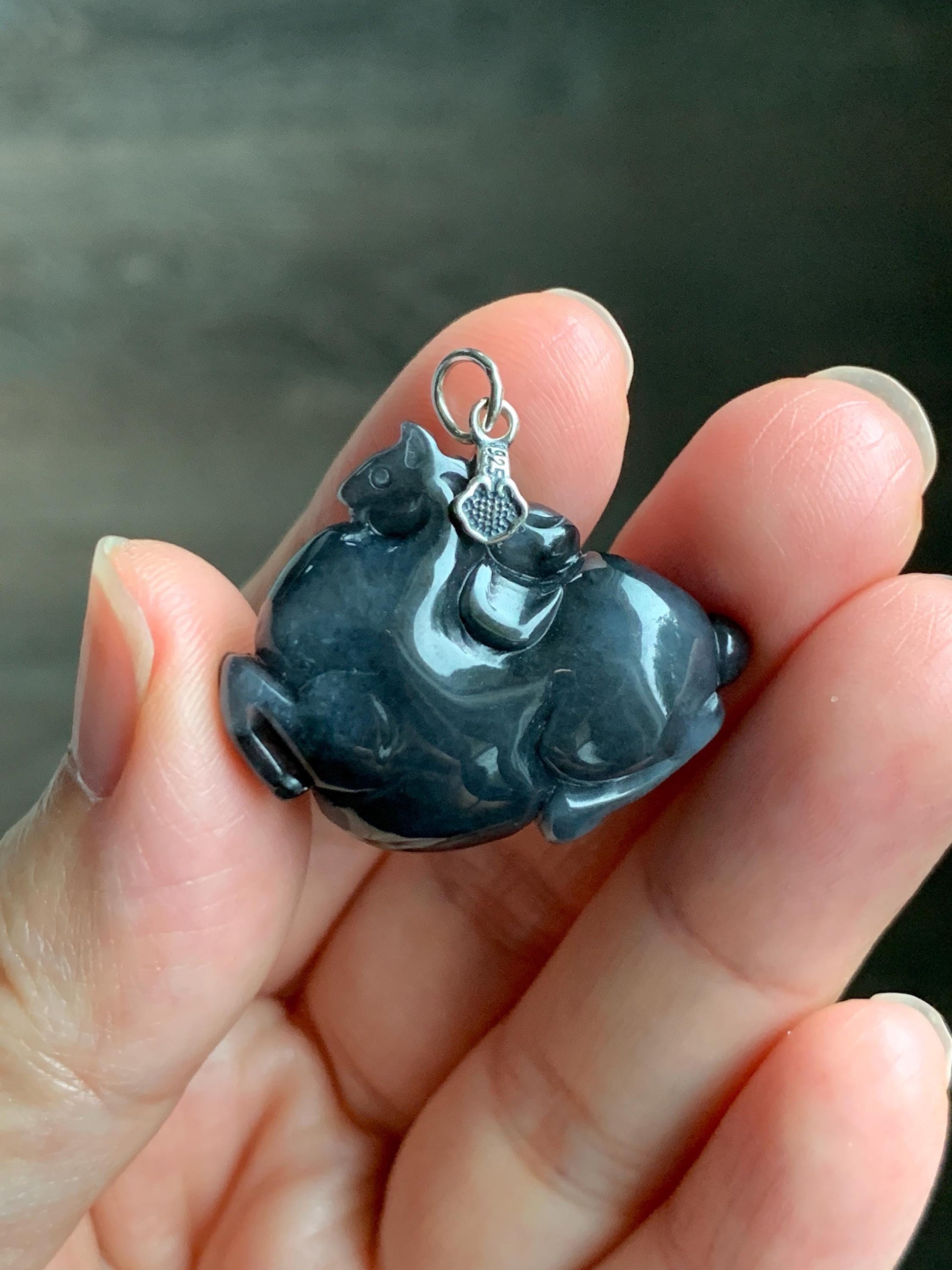 Natural Grade A Icy Translucent Gelatinous Dark Wuji Jade Jadeite Carved Tang Horse Pendant Sterling Silver 11g 天然冰胶深色乌鸡翡翠唐马银镶吊坠 MWJ440A