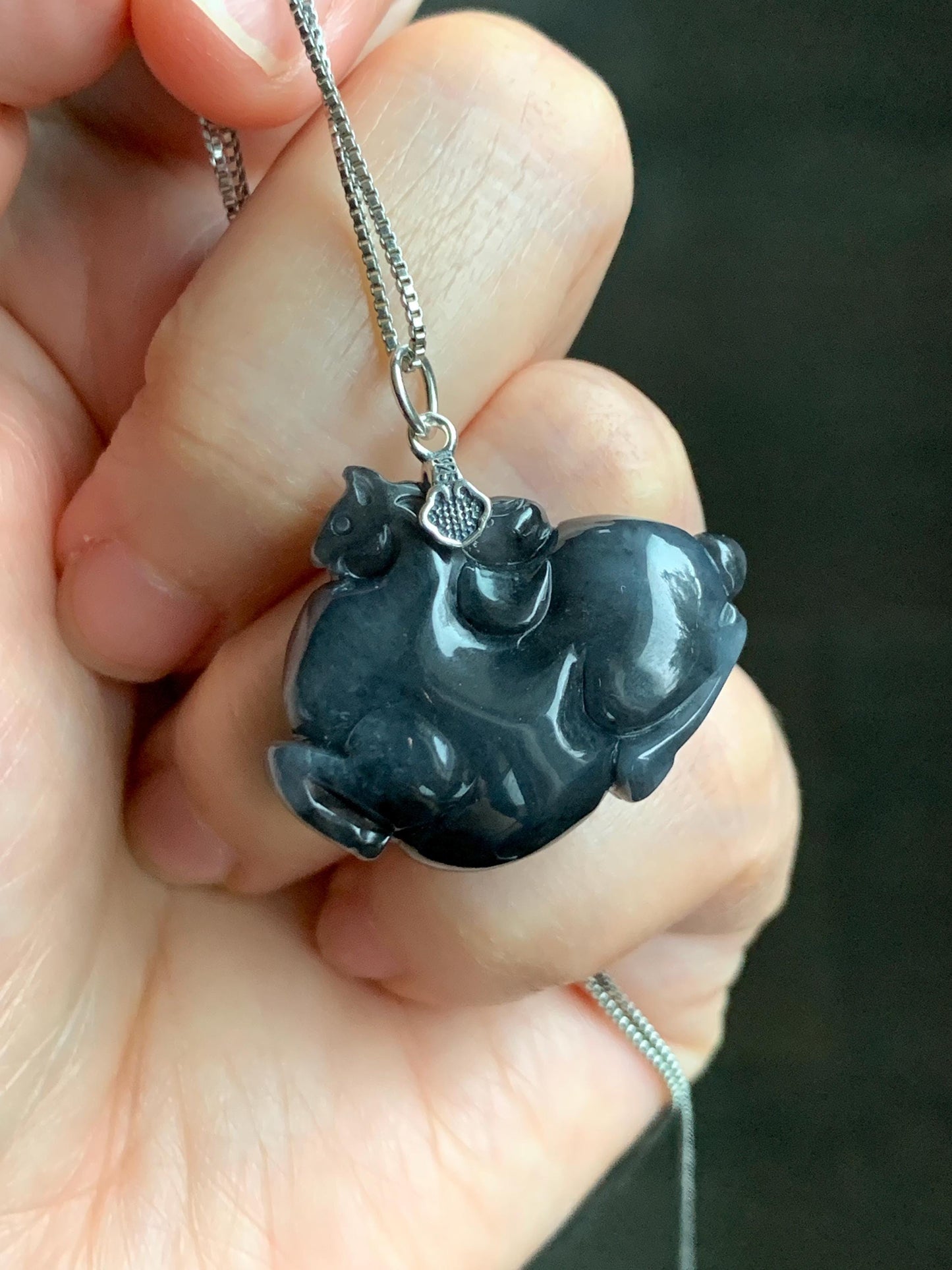 Natural Grade A Icy Translucent Gelatinous Dark Wuji Jade Jadeite Carved Tang Horse Pendant Sterling Silver 11g 天然冰胶深色乌鸡翡翠唐马银镶吊坠 MWJ440A