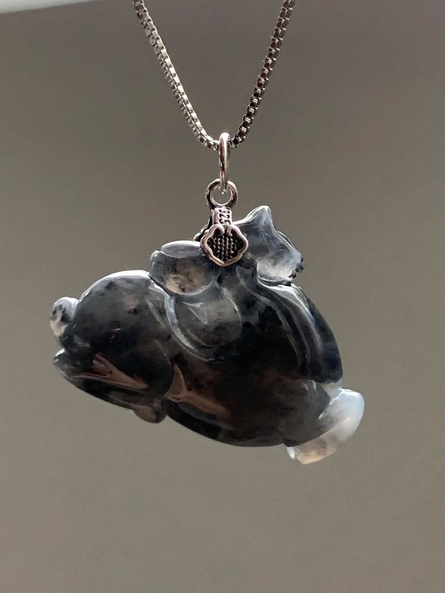 Natural Grade A Icy Translucent Gelatinous Dark Wuji Jade Jadeite Carved Tang Horse Pendant Sterling Silver 8g 天然冰胶深色乌鸡翡翠唐马银镶吊坠 MWJ440B