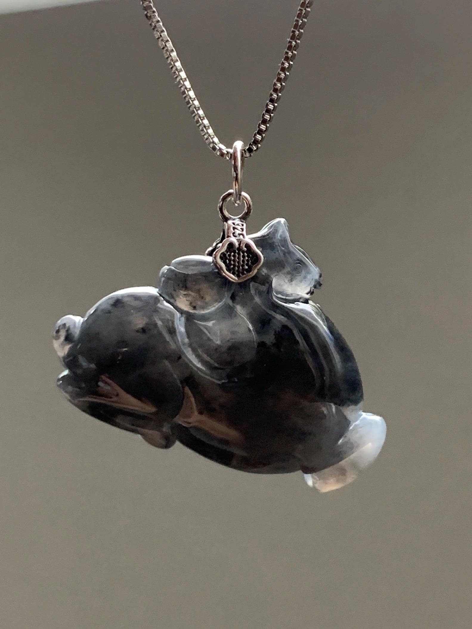 Natural Grade A Icy Translucent Gelatinous Dark Wuji Jade Jadeite Carved Tang Horse Pendant Sterling Silver 8g 天然冰胶深色乌鸡翡翠唐马银镶吊坠 MWJ440B