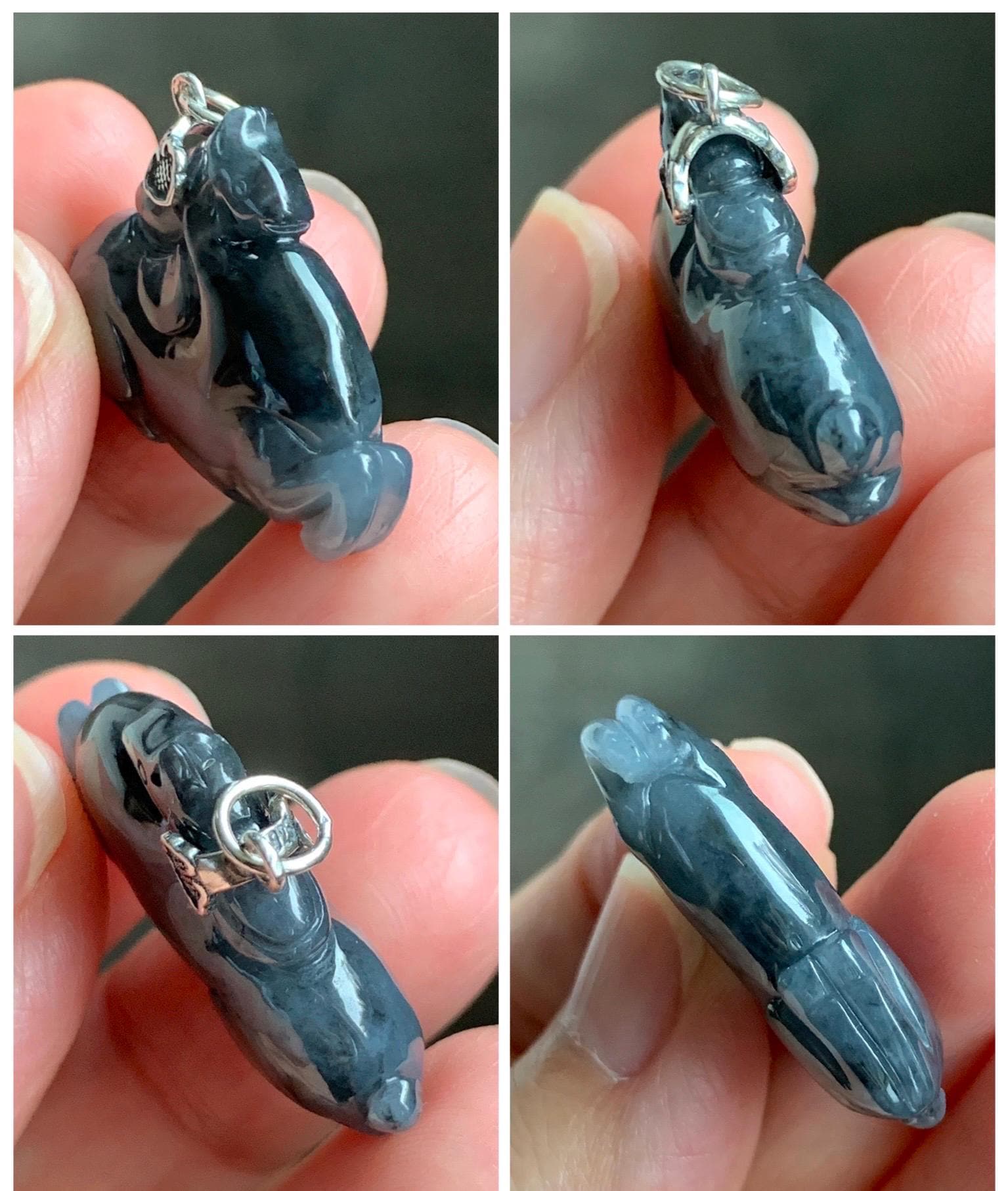 Natural Grade A Icy Translucent Gelatinous Dark Wuji Jade Jadeite Carved Tang Horse Pendant Sterling Silver 8g 天然冰胶深色乌鸡翡翠唐马银镶吊坠 MWJ440B