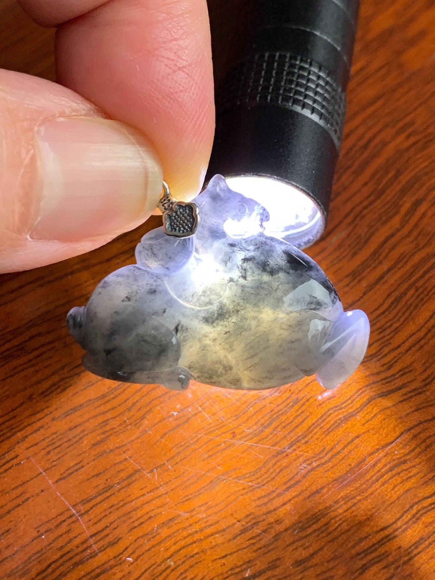 Natural Grade A Icy Translucent Gelatinous Dark Wuji Jade Jadeite Carved Tang Horse Pendant Sterling Silver 8g 天然冰胶深色乌鸡翡翠唐马银镶吊坠 MWJ440B