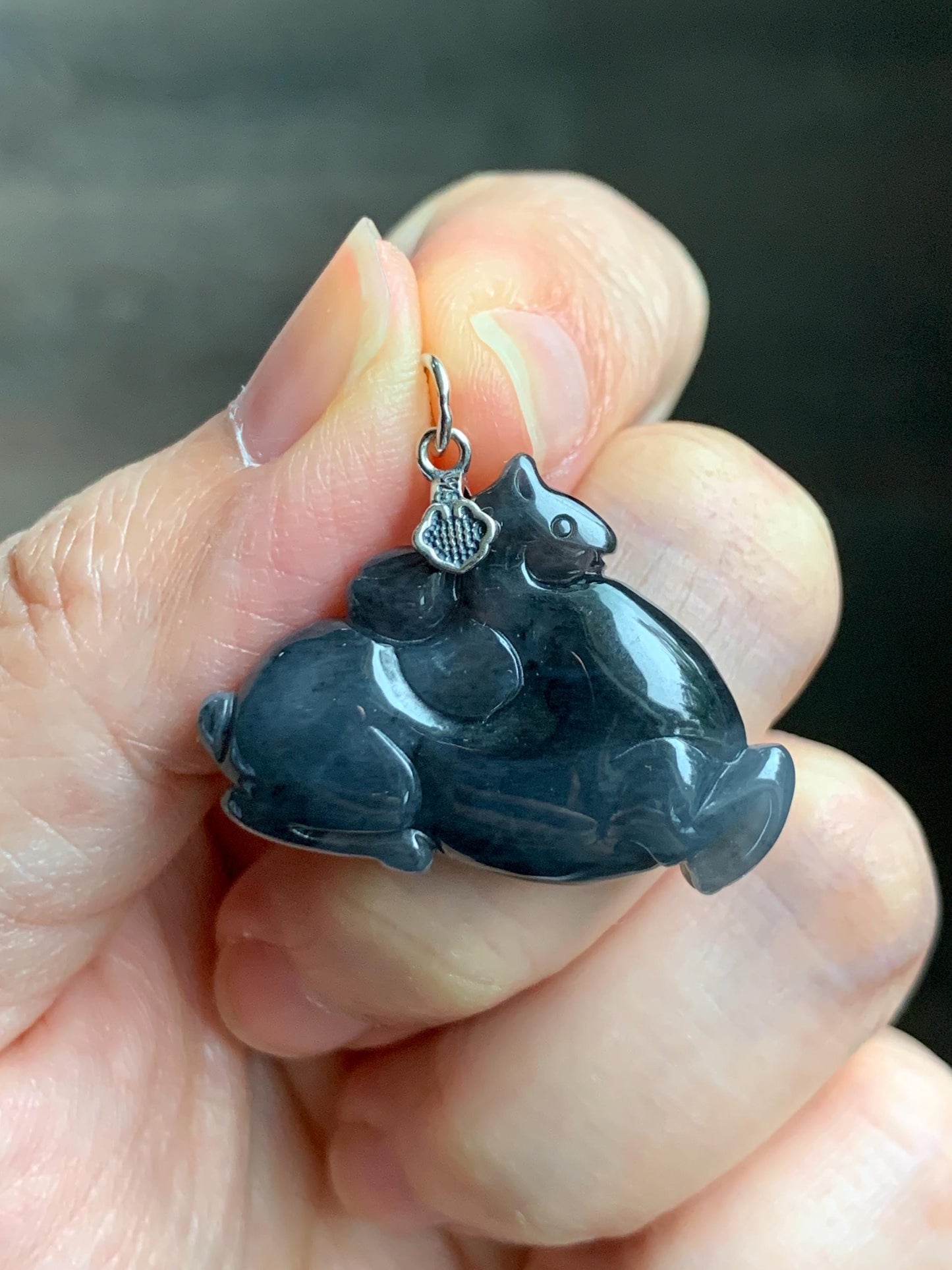 Natural Grade A Icy Translucent Gelatinous Dark Wuji Jade Jadeite Carved Tang Horse Pendant Sterling Silver 8g 天然冰胶深色乌鸡翡翠唐马银镶吊坠 MWJ440B