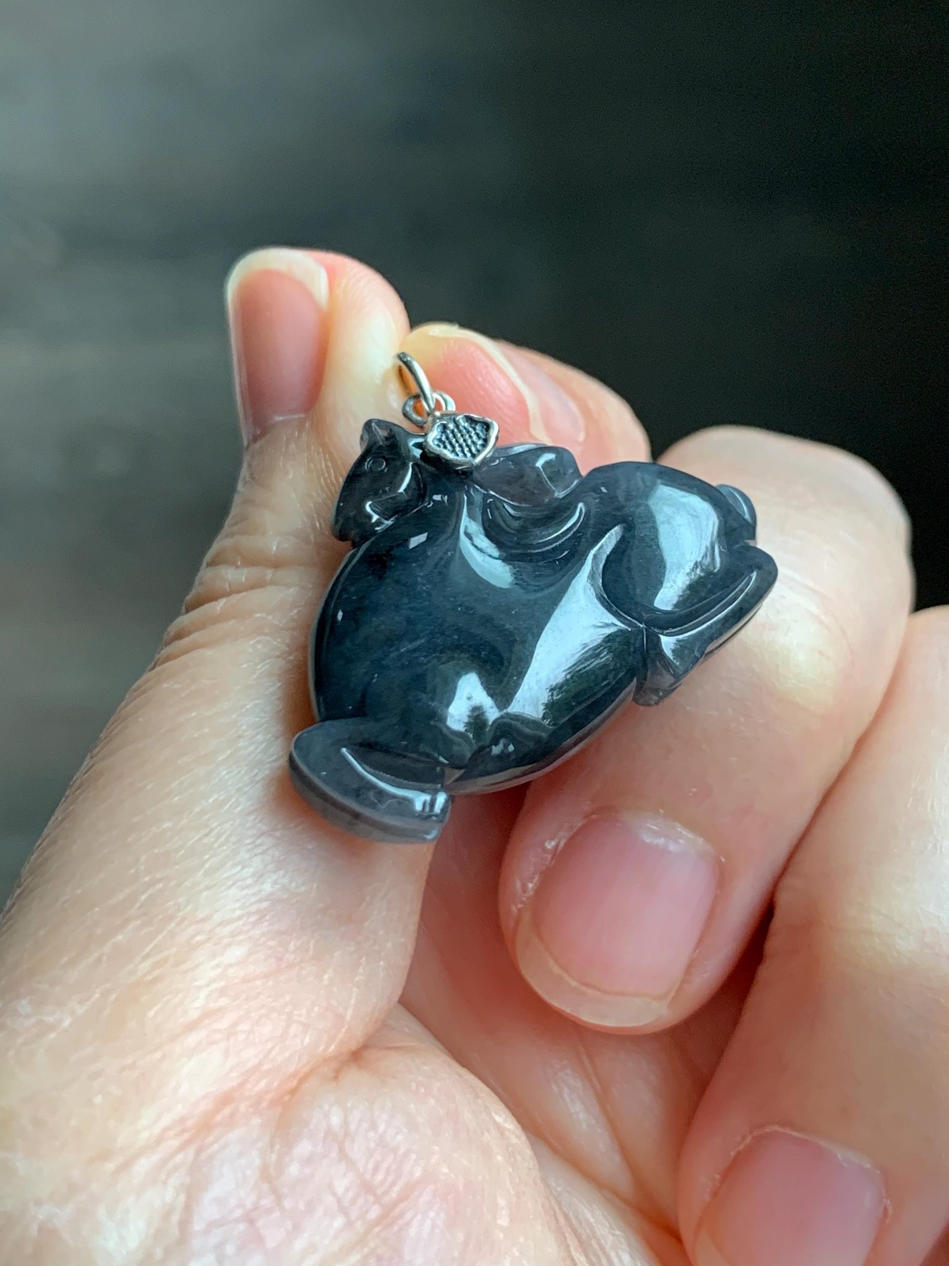 Natural Grade A Icy Translucent Gelatinous Dark Wuji Jade Jadeite Carved Tang Horse Pendant Sterling Silver 8g 天然冰胶深色乌鸡翡翠唐马银镶吊坠 MWJ440B