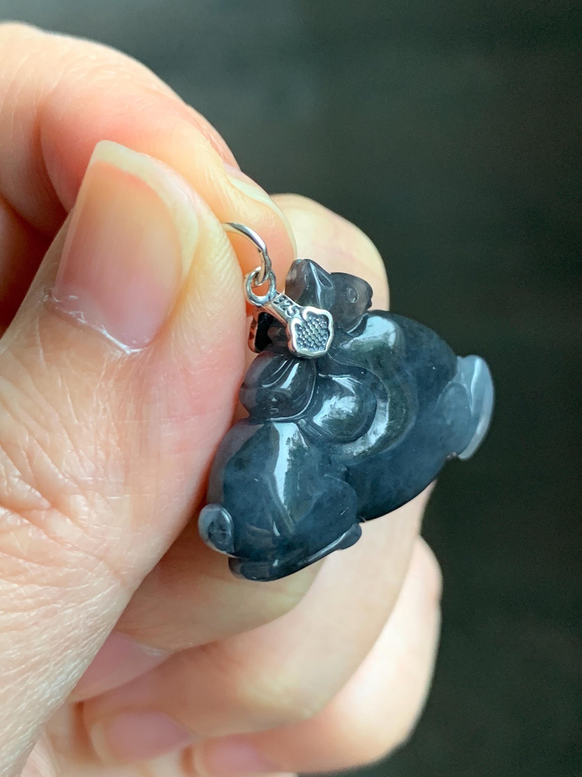 Natural Grade A Icy Translucent Gelatinous Dark Wuji Jade Jadeite Carved Tang Horse Pendant Sterling Silver 8g 天然冰胶深色乌鸡翡翠唐马银镶吊坠 MWJ440B