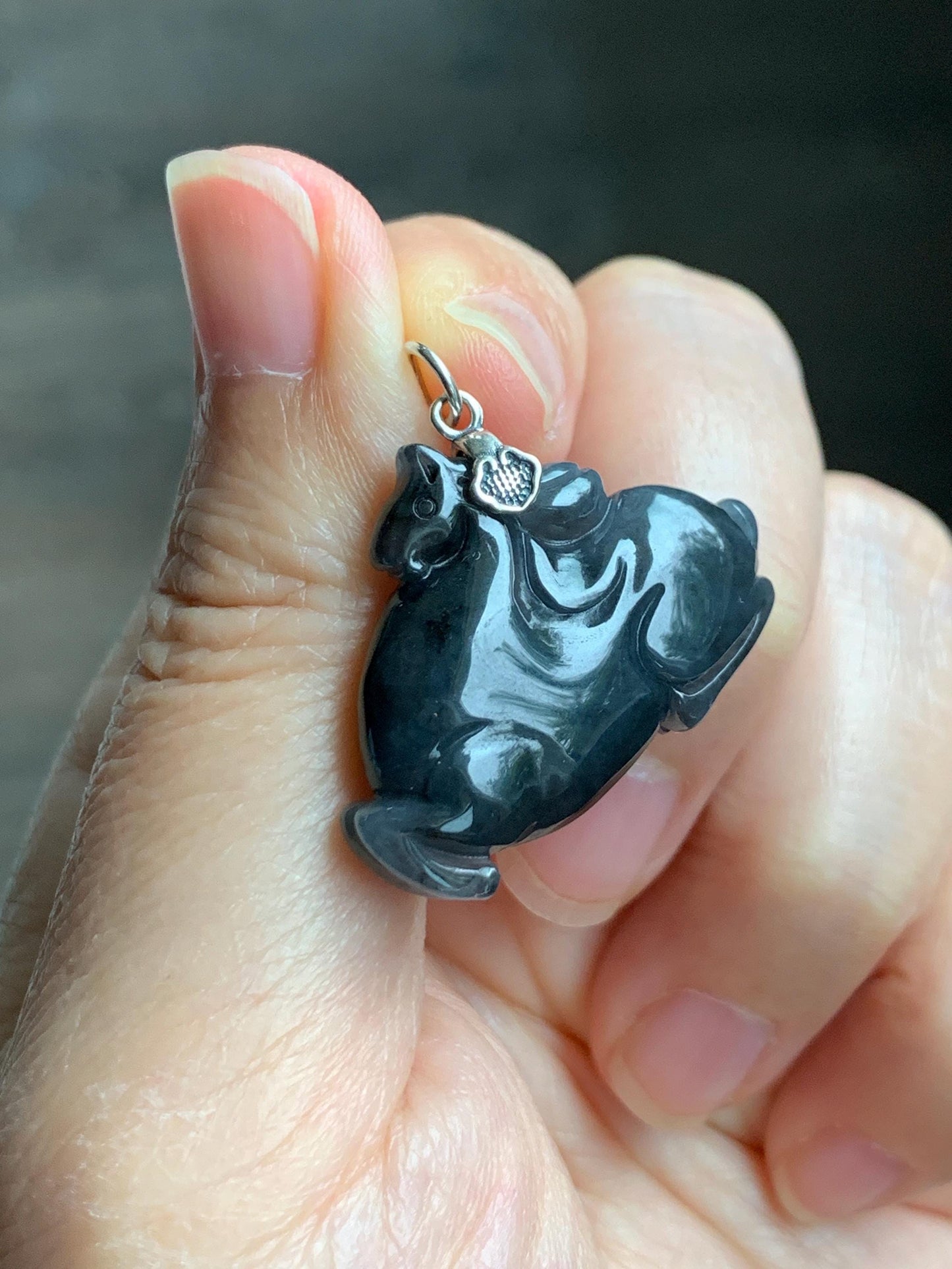 Natural Grade A Icy Translucent Gelatinous Dark Wuji Jade Jadeite Carved Tang Horse Pendant Sterling Silver 8g 天然冰胶深色乌鸡翡翠唐马银镶吊坠 MWJ440B