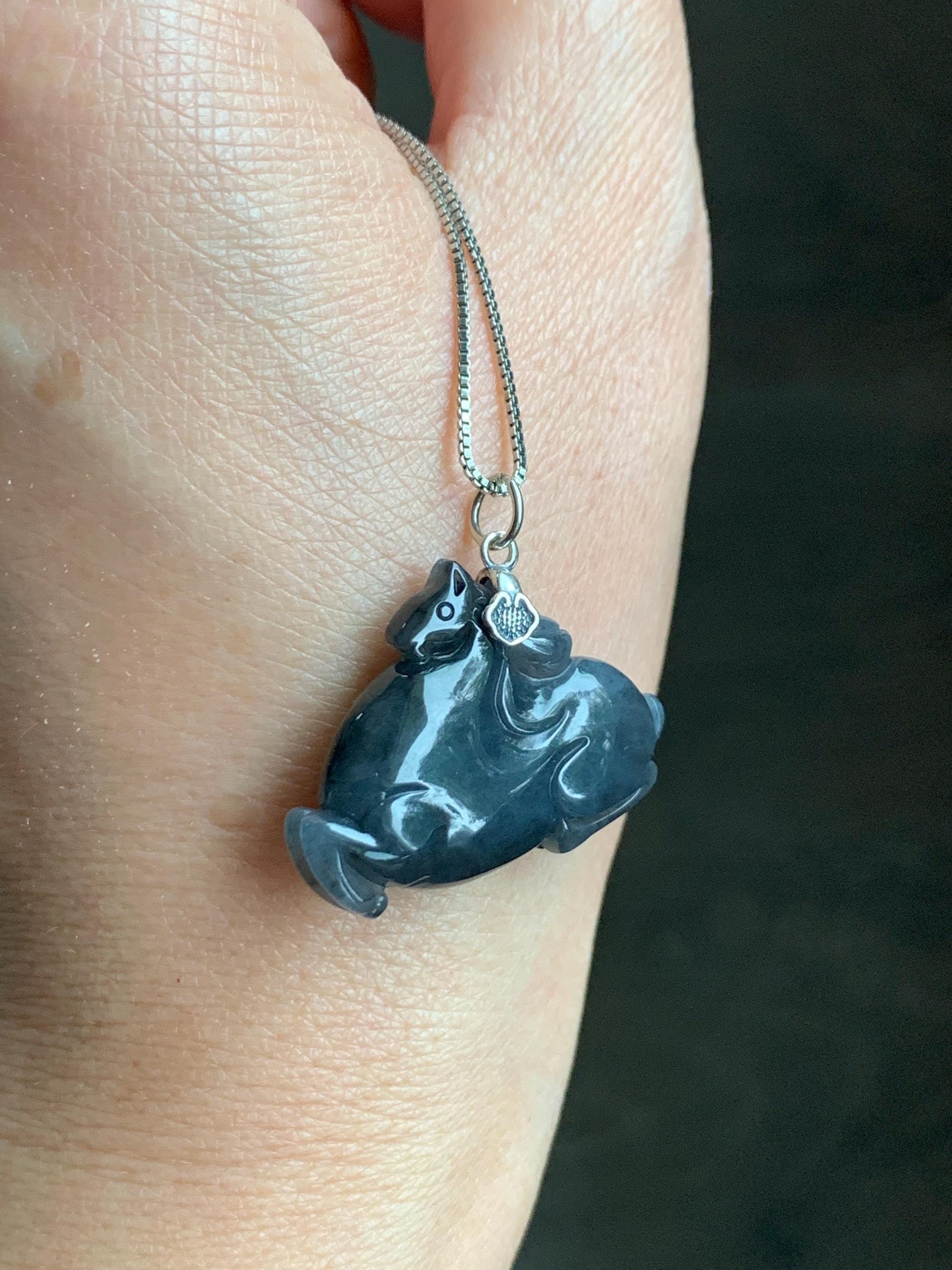 Natural Grade A Icy Translucent Gelatinous Dark Wuji Jade Jadeite Carved Tang Horse Pendant Sterling Silver 8g 天然冰胶深色乌鸡翡翠唐马银镶吊坠 MWJ440B