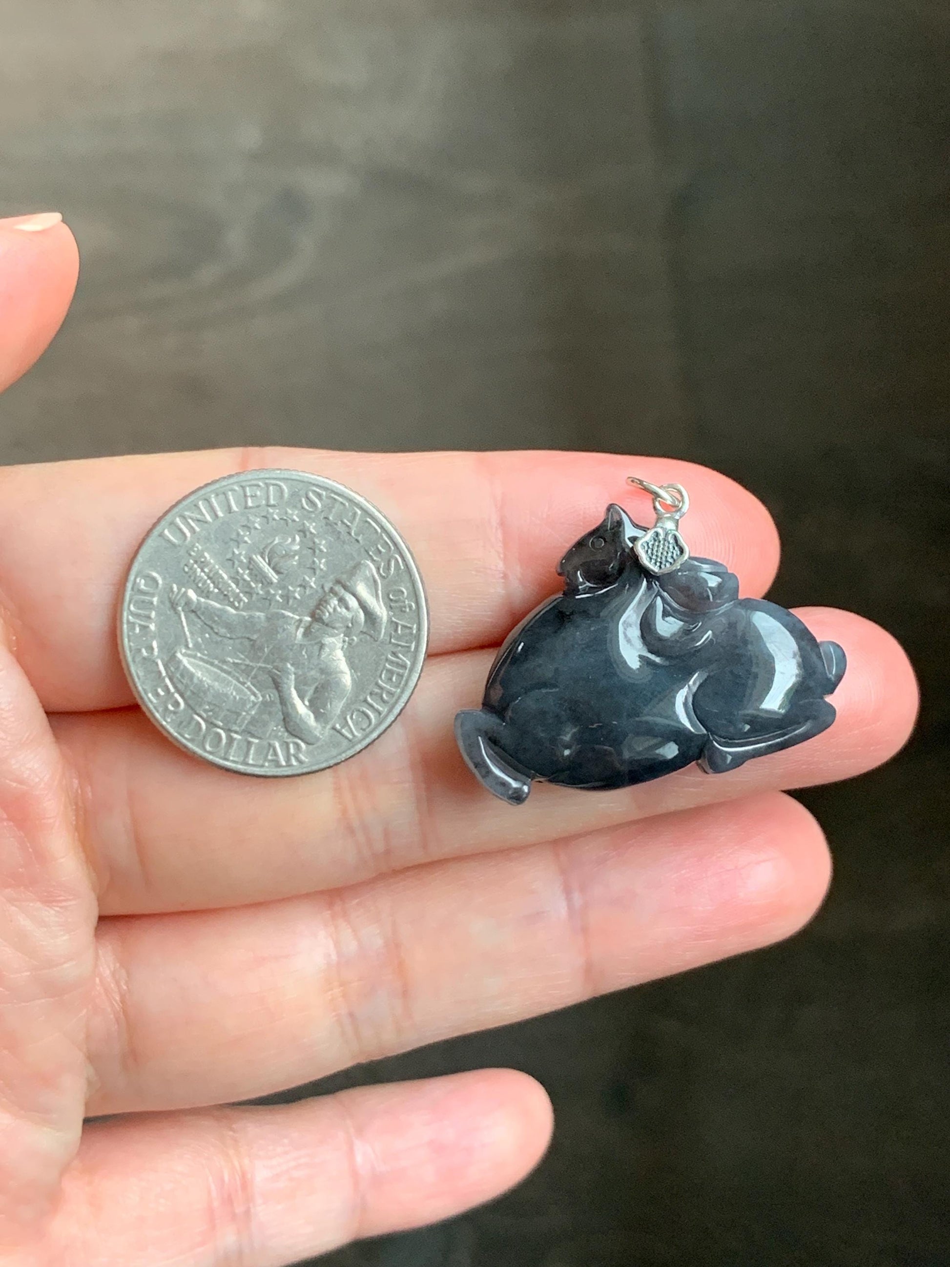 Natural Grade A Icy Translucent Gelatinous Dark Wuji Jade Jadeite Carved Tang Horse Pendant Sterling Silver 8g 天然冰胶深色乌鸡翡翠唐马银镶吊坠 MWJ440B