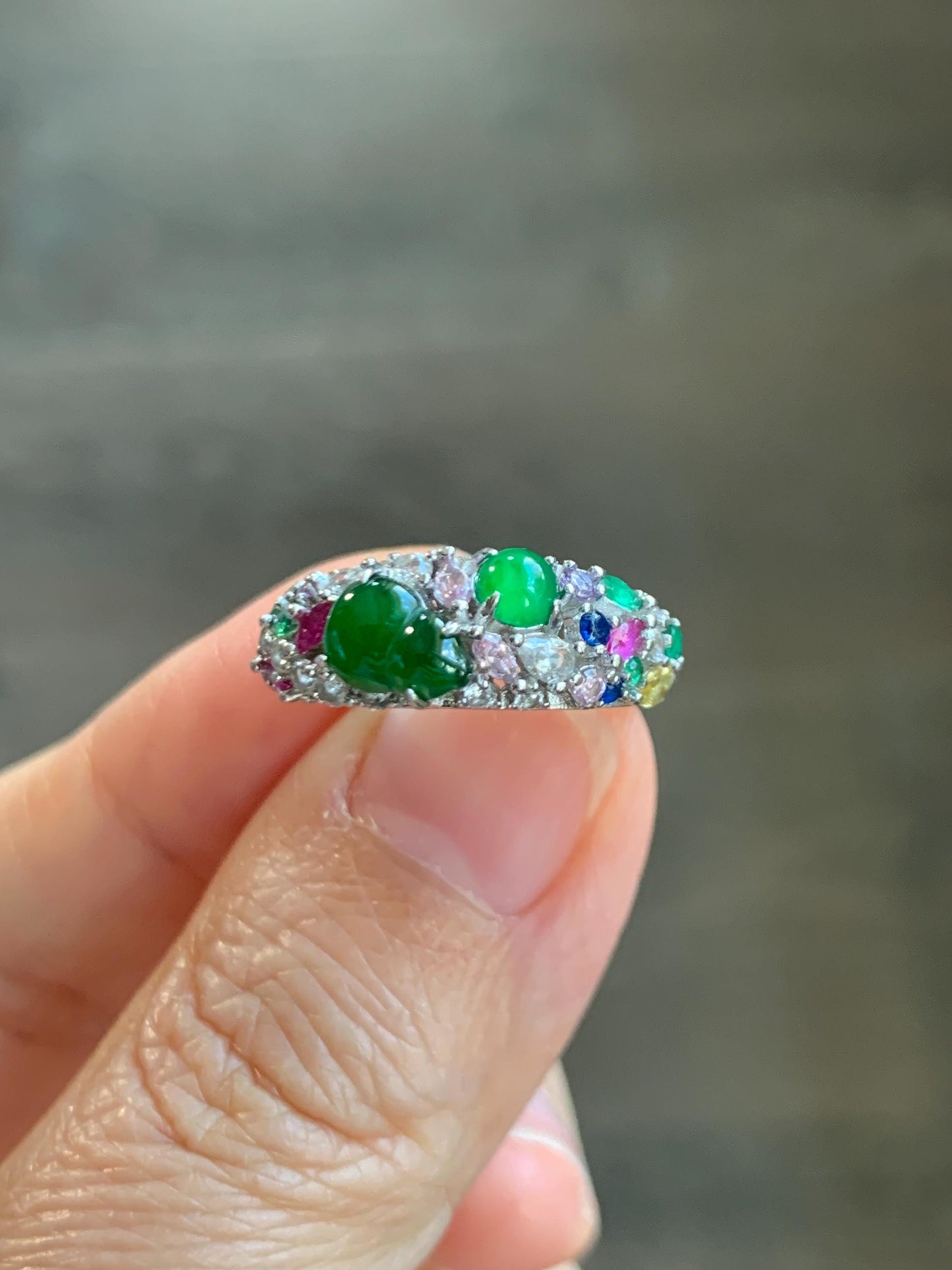 Natural Grade A Guatemalan Icy Translucent Vibrant Green Jade Jadeite Gourd Hulu Band Ring Sterling Silver Size 7 天然冰危绿翡翠花开富贵银镶戒指 HKFL98