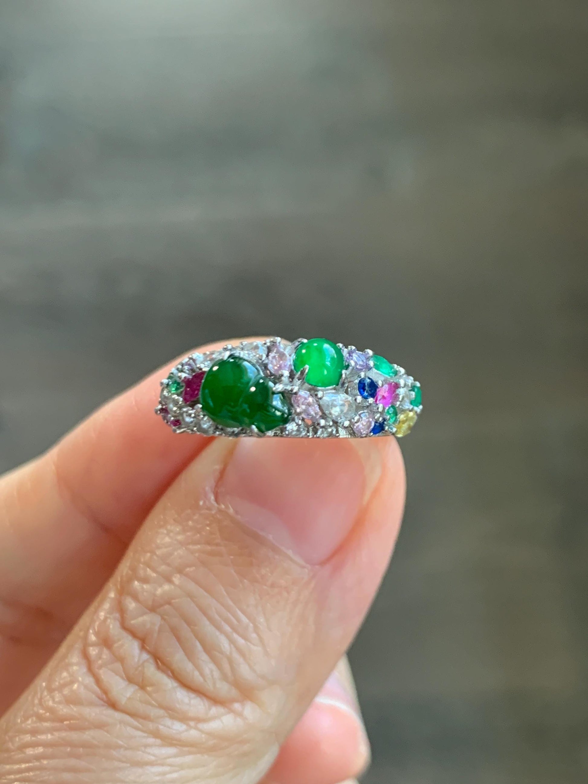 Natural Grade A Guatemalan Icy Translucent Vibrant Green Jade Jadeite Gourd Hulu Band Ring Sterling Silver Size 7 天然冰危绿翡翠花开富贵银镶戒指 HKFL98