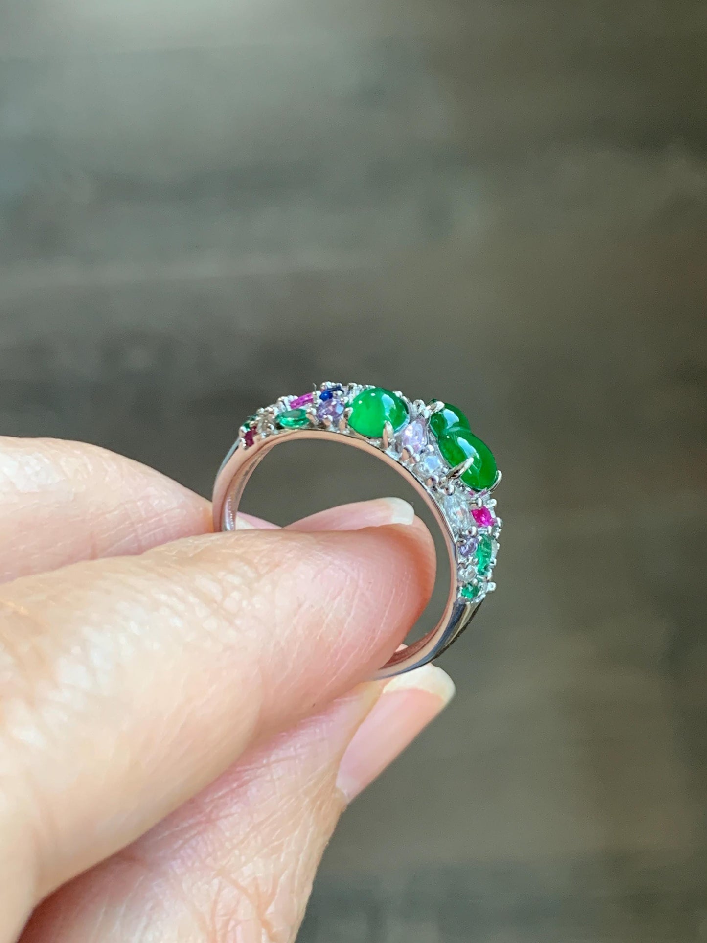 Natural Grade A Guatemalan Icy Translucent Vibrant Green Jade Jadeite Gourd Hulu Band Ring Sterling Silver Size 7 天然冰危绿翡翠花开富贵银镶戒指 HKFL98