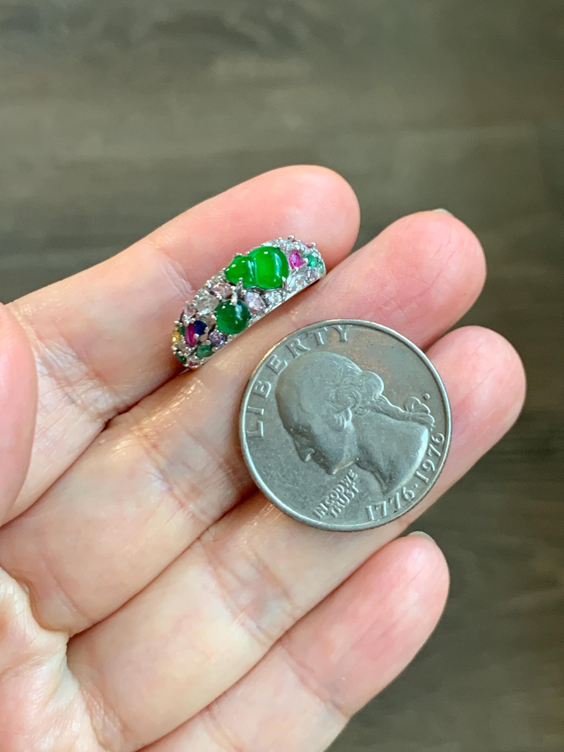 Natural Grade A Guatemalan Icy Translucent Vibrant Green Jade Jadeite Gourd Hulu Band Ring Sterling Silver Size 7 天然冰危绿翡翠花开富贵银镶戒指 HKFL98