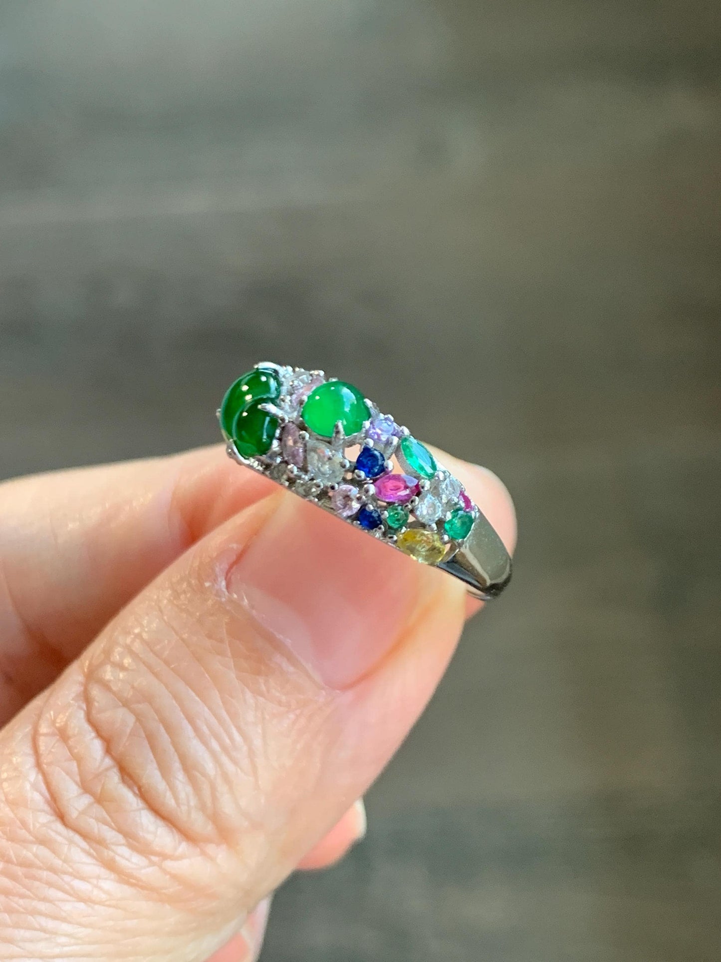 Natural Grade A Guatemalan Icy Translucent Vibrant Green Jade Jadeite Gourd Hulu Band Ring Sterling Silver Size 7 天然冰危绿翡翠花开富贵银镶戒指 HKFL98