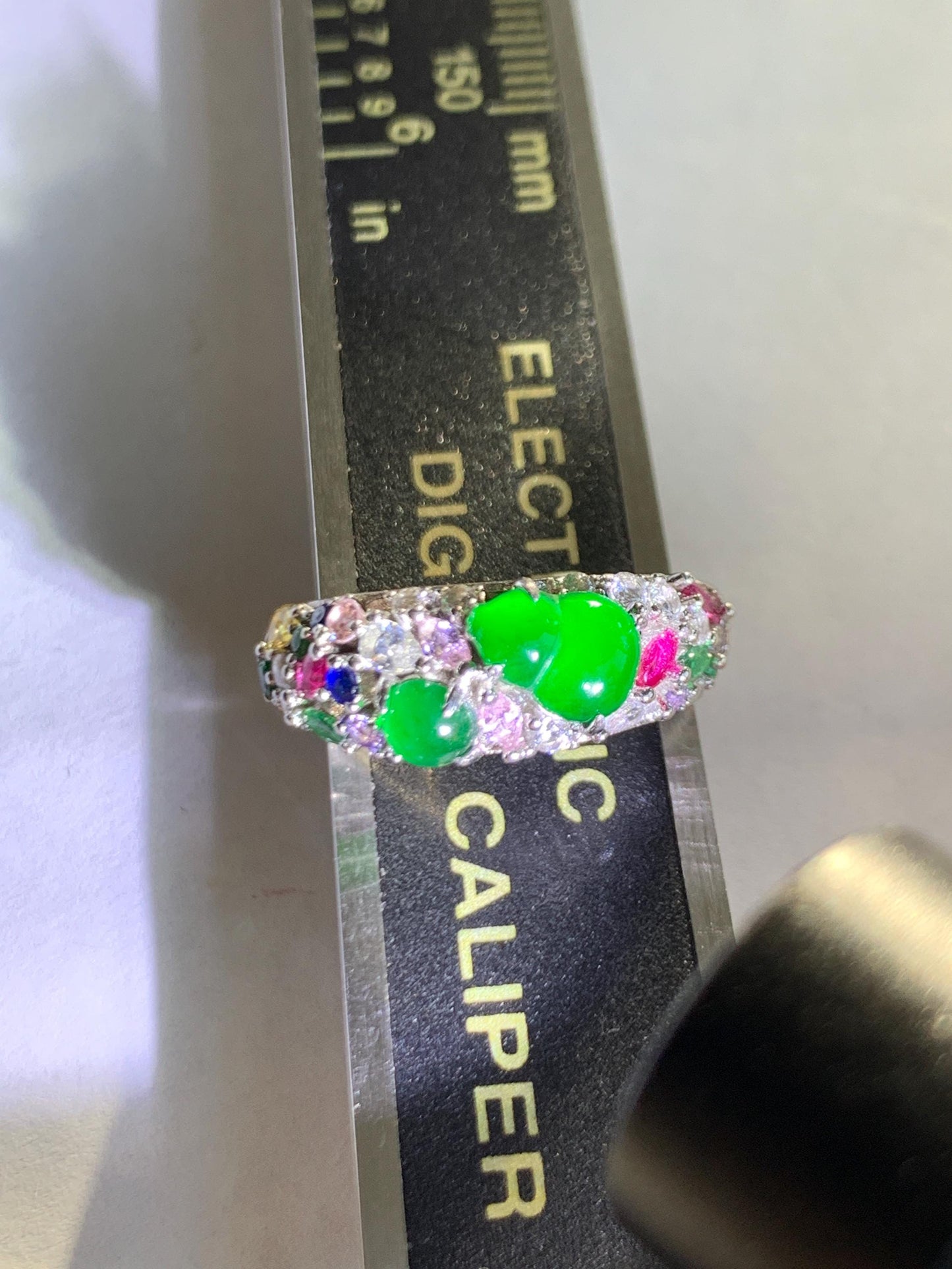 Natural Grade A Guatemalan Icy Translucent Vibrant Green Jade Jadeite Gourd Hulu Band Ring Sterling Silver Size 7 天然冰危绿翡翠花开富贵银镶戒指 HKFL98