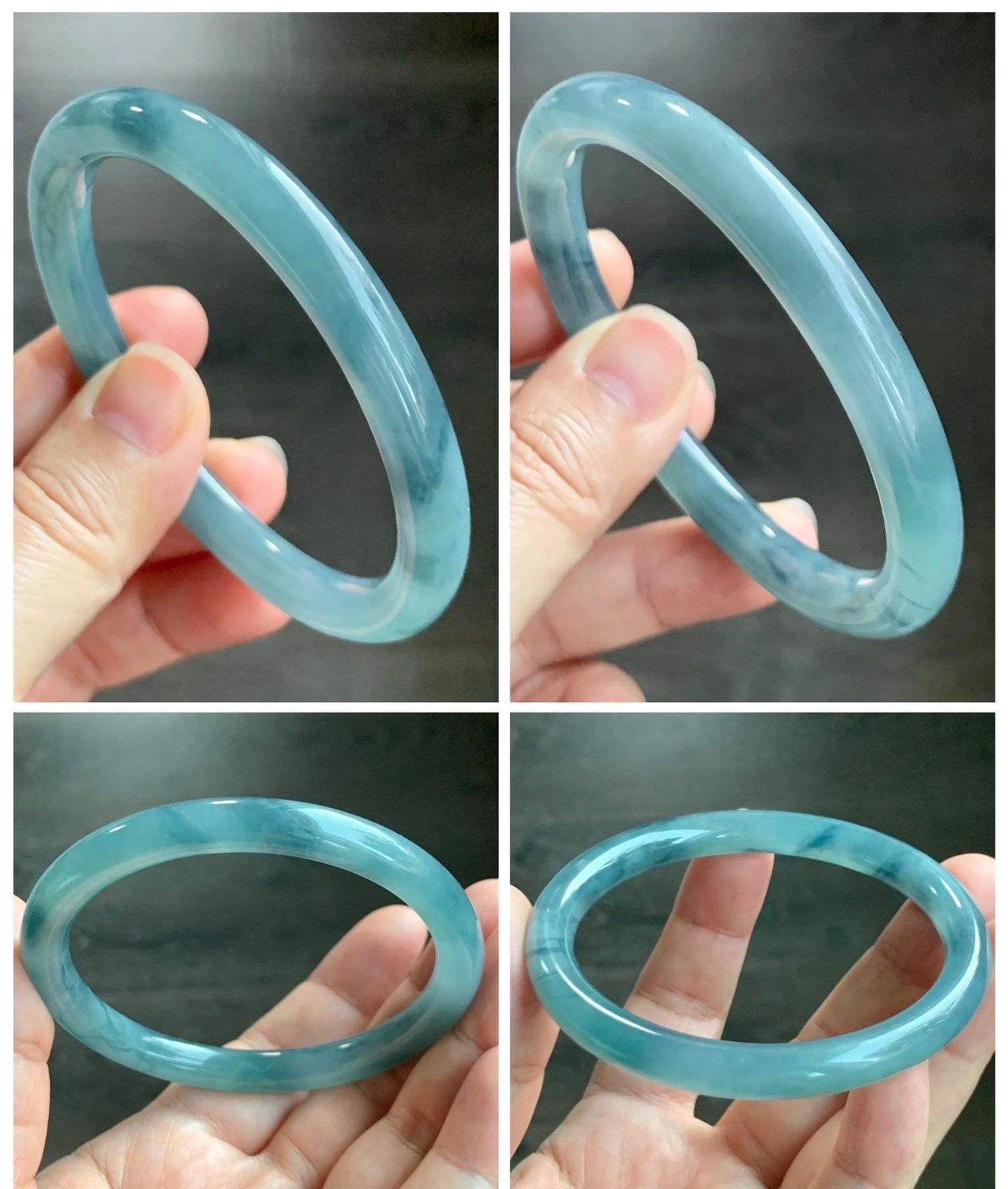 Certified Natural Grade A Guatemalan Icy Translucent Dusty Blue Marbled Jade Jadeite Bangle Bracelet 58.7mm 7.25” 32g 天然冰危蓝飘花翡翠圆条手镯 731