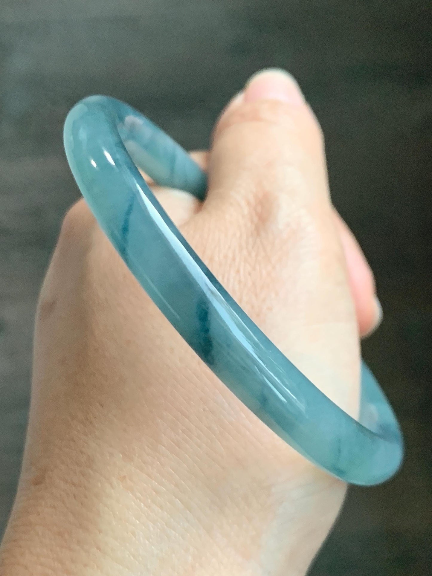 Certified Natural Grade A Guatemalan Icy Translucent Dusty Blue Marbled Jade Jadeite Bangle Bracelet 58.7mm 7.25” 32g 天然冰危蓝飘花翡翠圆条手镯 731