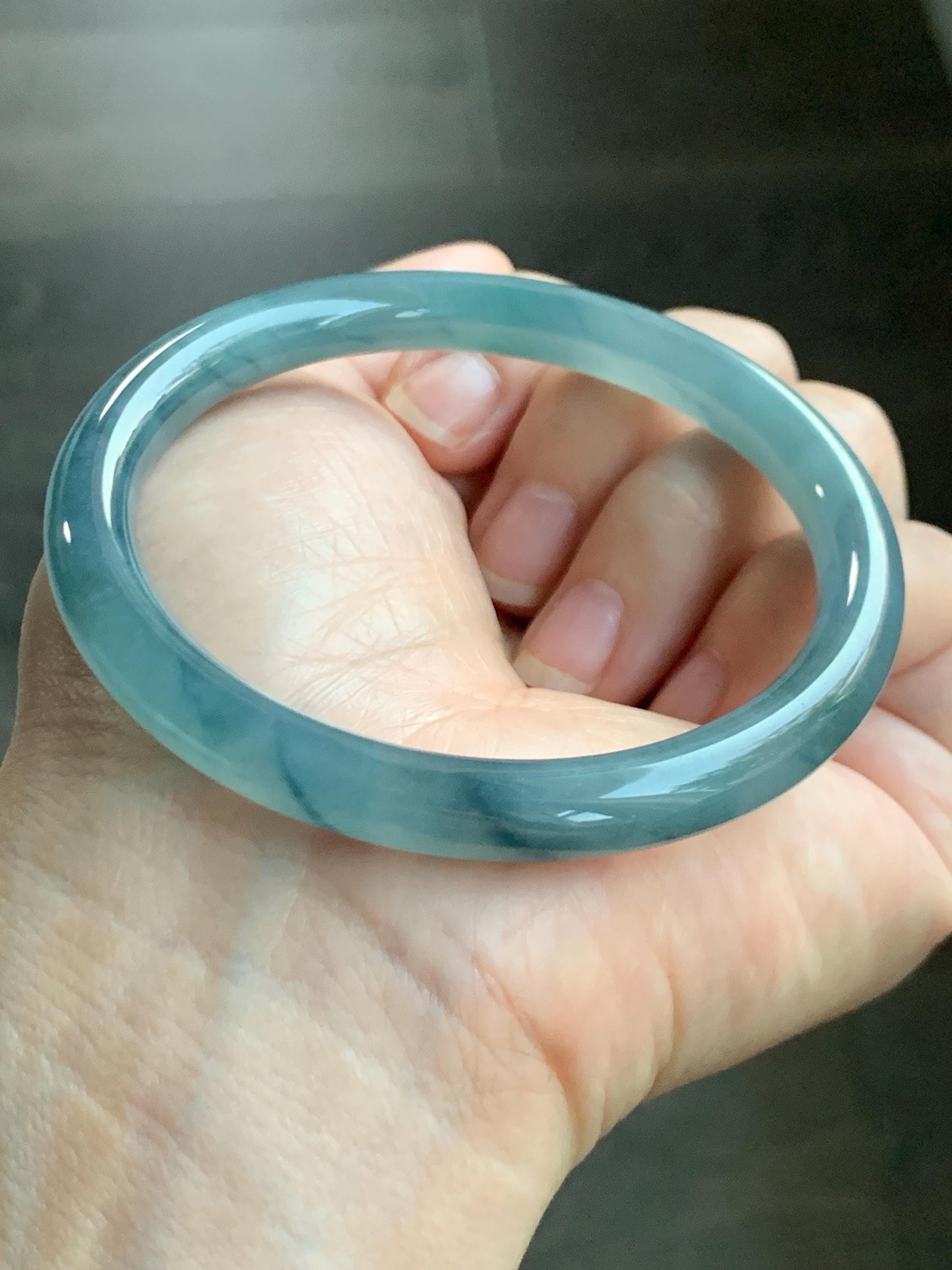 Certified Natural Grade A Guatemalan Icy Translucent Dusty Blue Marbled Jade Jadeite Bangle Bracelet 58.7mm 7.25” 32g 天然冰危蓝飘花翡翠圆条手镯 731