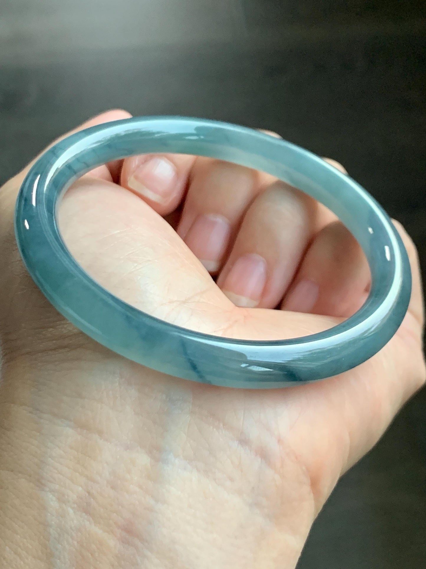 Certified Natural Grade A Guatemalan Icy Translucent Dusty Blue Marbled Jade Jadeite Bangle Bracelet 58.7mm 7.25” 32g 天然冰危蓝飘花翡翠圆条手镯 731