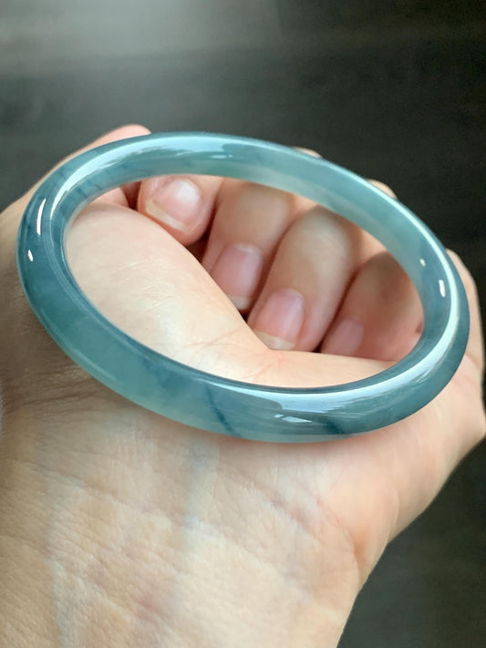Certified Natural Grade A Guatemalan Icy Translucent Dusty Blue Marbled Jade Jadeite Bangle Bracelet 58.7mm 7.25” 32g 天然冰危蓝飘花翡翠圆条手镯 731