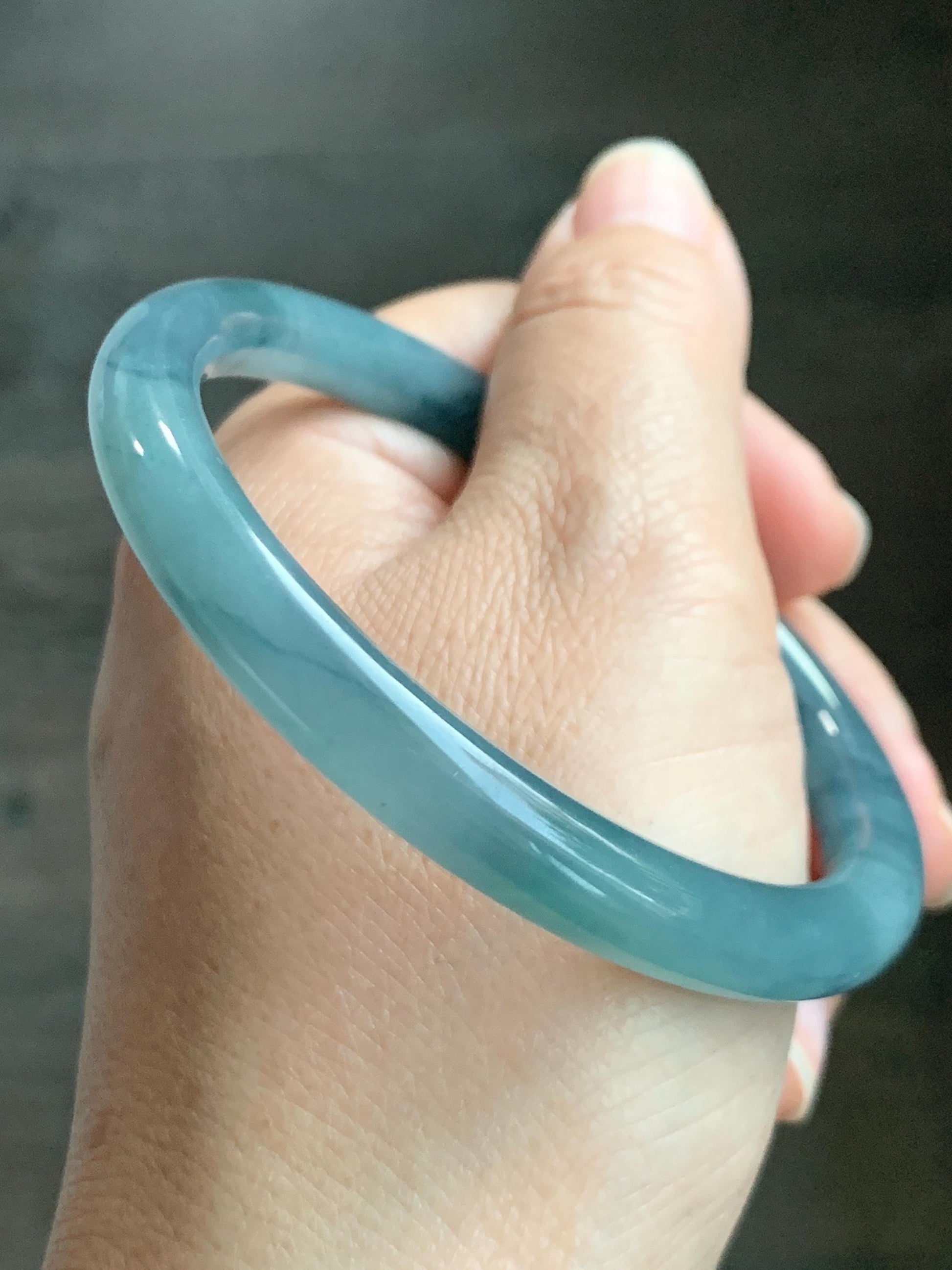 Certified Natural Grade A Guatemalan Icy Translucent Dusty Blue Marbled Jade Jadeite Bangle Bracelet 58.7mm 7.25” 32g 天然冰危蓝飘花翡翠圆条手镯 731