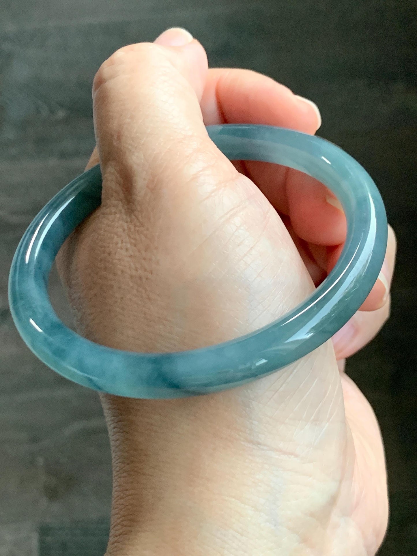 Certified Natural Grade A Guatemalan Icy Translucent Dusty Blue Marbled Jade Jadeite Bangle Bracelet 58.7mm 7.25” 32g 天然冰危蓝飘花翡翠圆条手镯 731