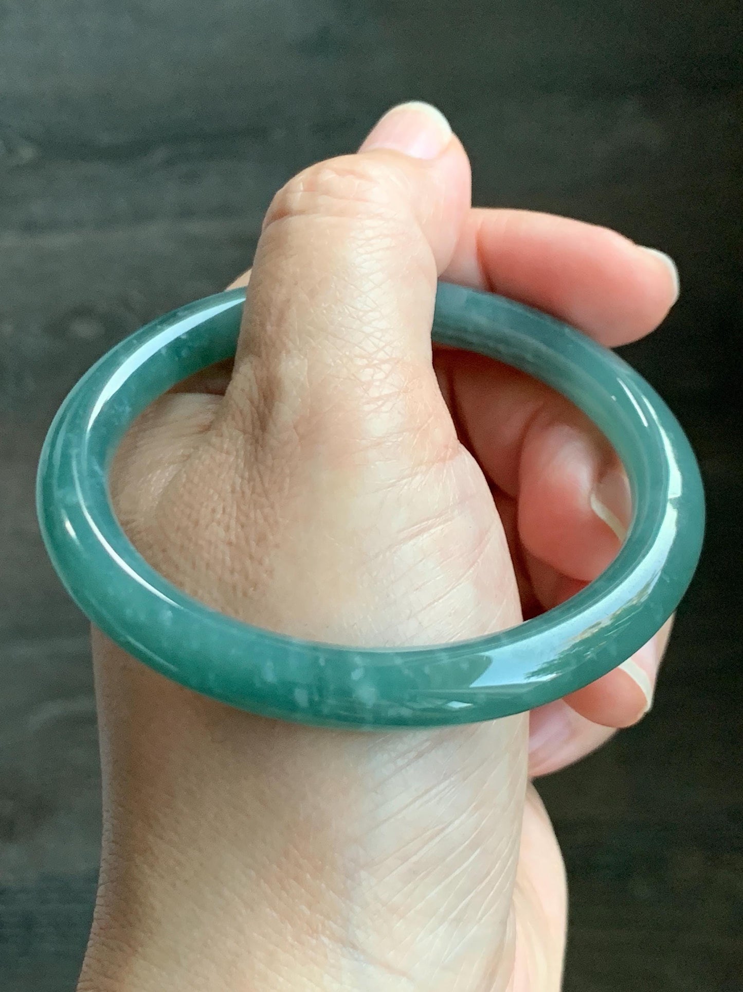 Certified Natural Grade A Guatemalan Icy Translucent Dusty Teal Green Jade Jadeite Bangle Bracelet 57.3mm 7” 33g 天然冰危深蓝绿翡翠圆条手镯 714