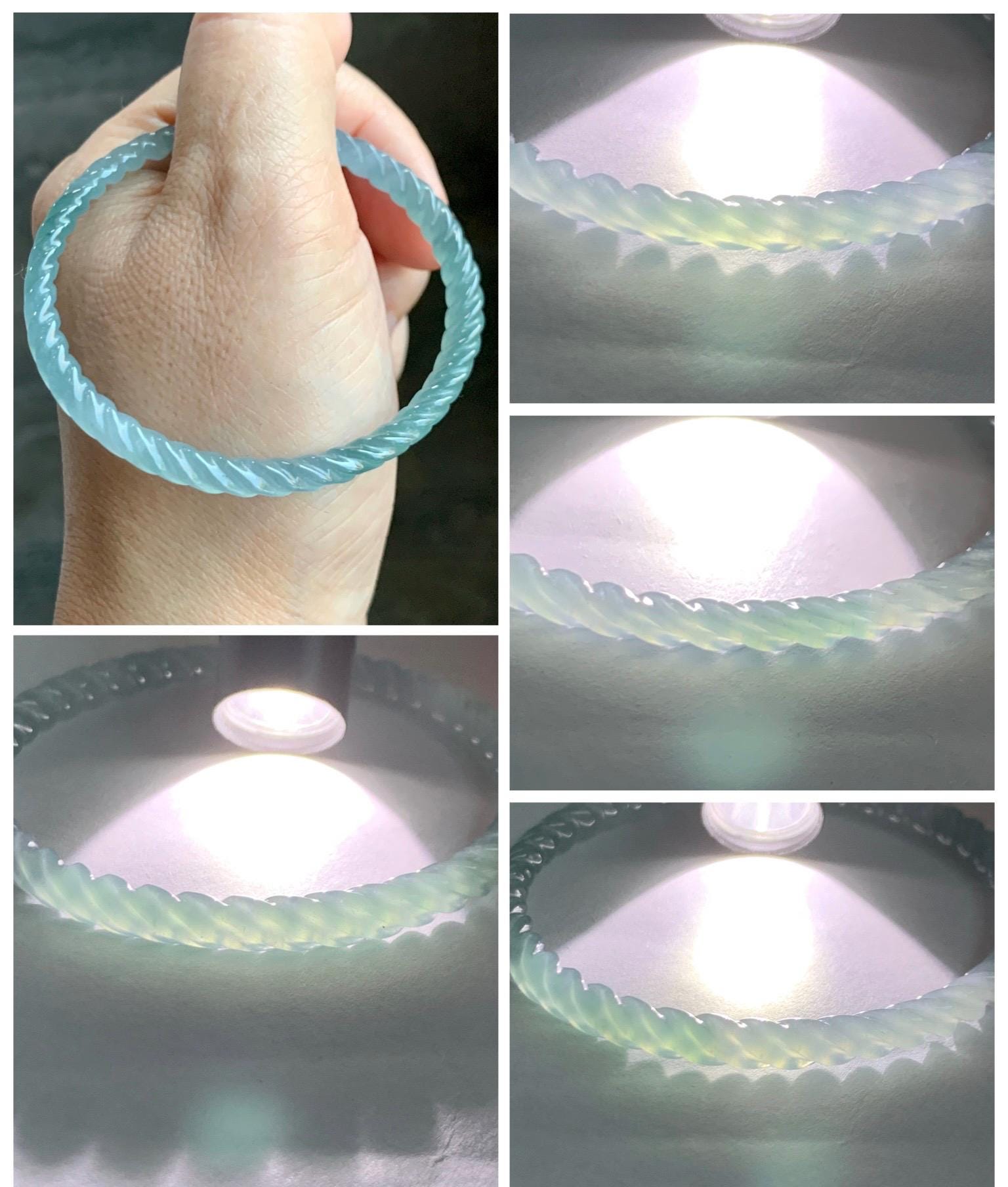 Certified Natural Grade A Guatemalan Icy Translucent Gelatinous Light Teal Jade Jadeite Carved Braid Bangle 54mm 6.68” 天然冰胶危浅蓝绿翡翠细麻花手镯 719