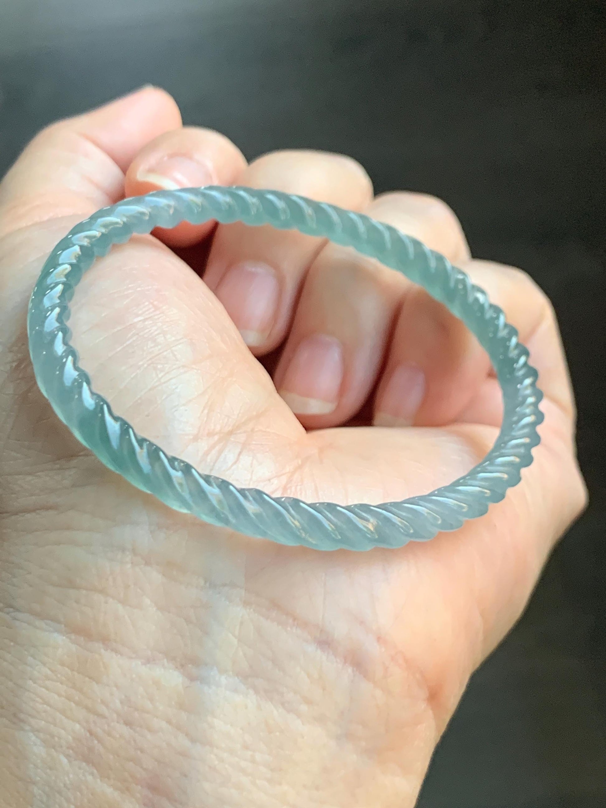 Certified Natural Grade A Guatemalan Icy Translucent Gelatinous Light Teal Jade Jadeite Carved Braid Bangle 54mm 6.68” 天然冰胶危浅蓝绿翡翠细麻花手镯 719