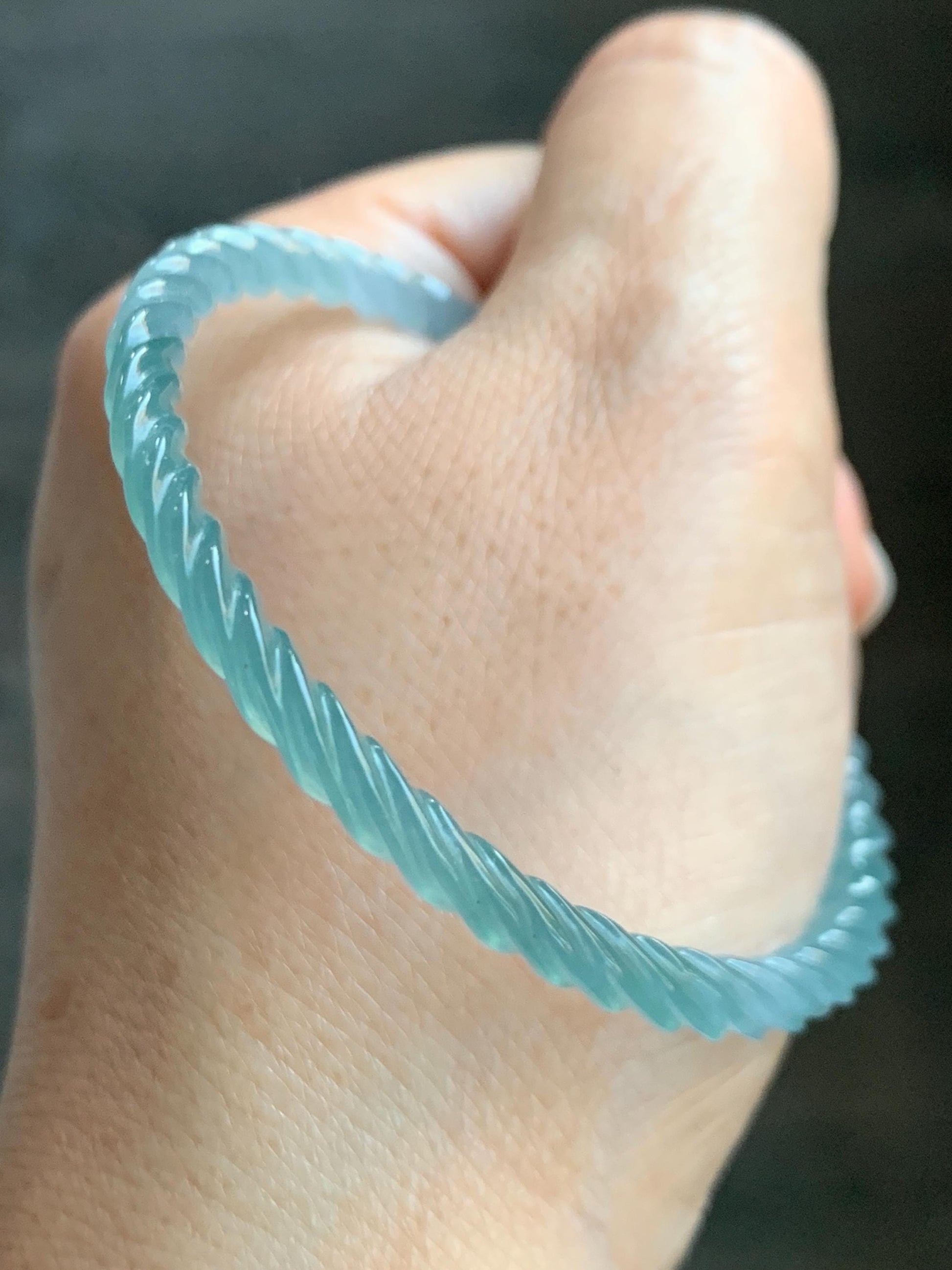 Certified Natural Grade A Guatemalan Icy Translucent Gelatinous Light Teal Jade Jadeite Carved Braid Bangle 54mm 6.68” 天然冰胶危浅蓝绿翡翠细麻花手镯 719