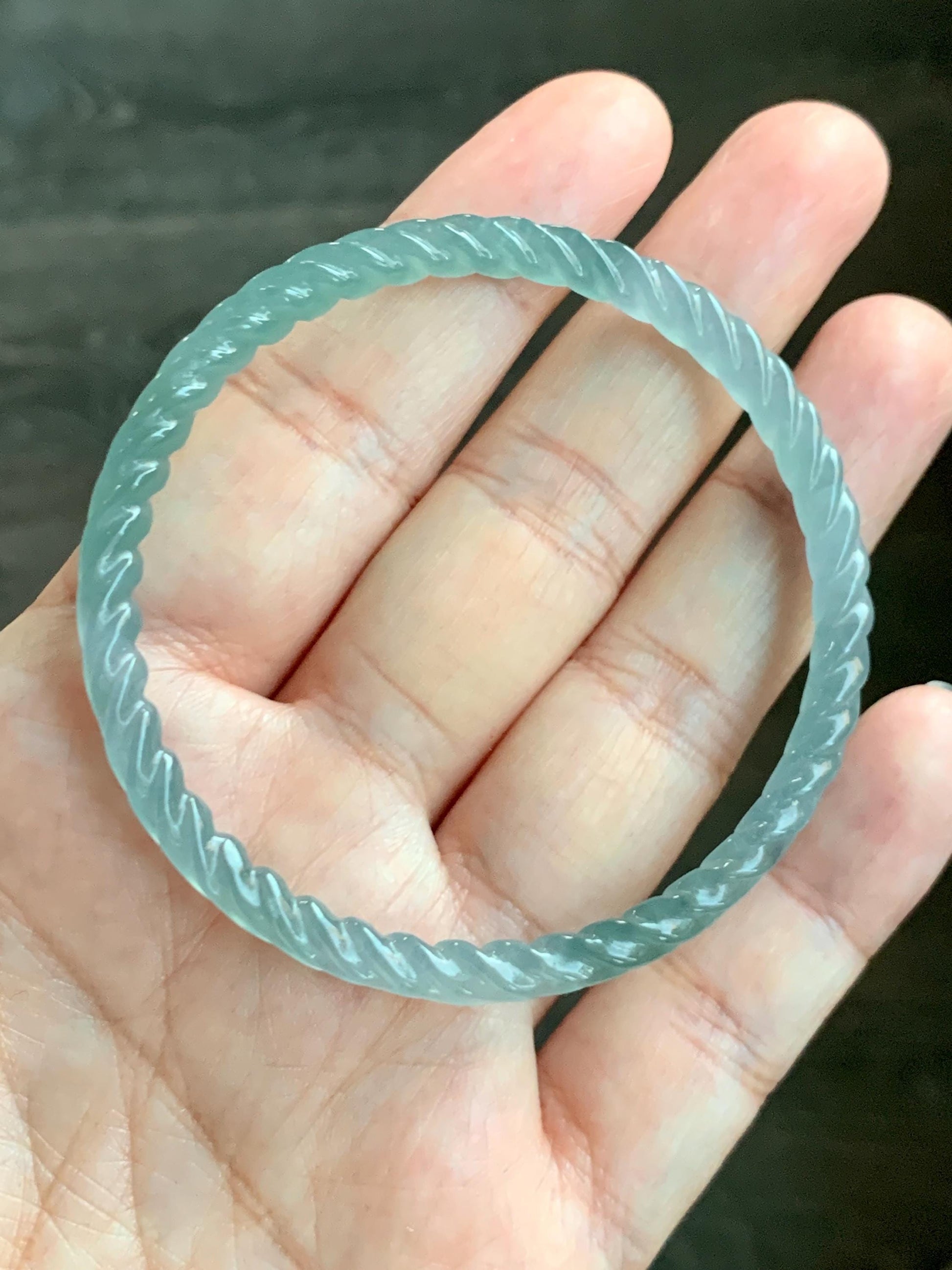 Certified Natural Grade A Guatemalan Icy Translucent Gelatinous Light Teal Jade Jadeite Carved Braid Bangle 54mm 6.68” 天然冰胶危浅蓝绿翡翠细麻花手镯 719