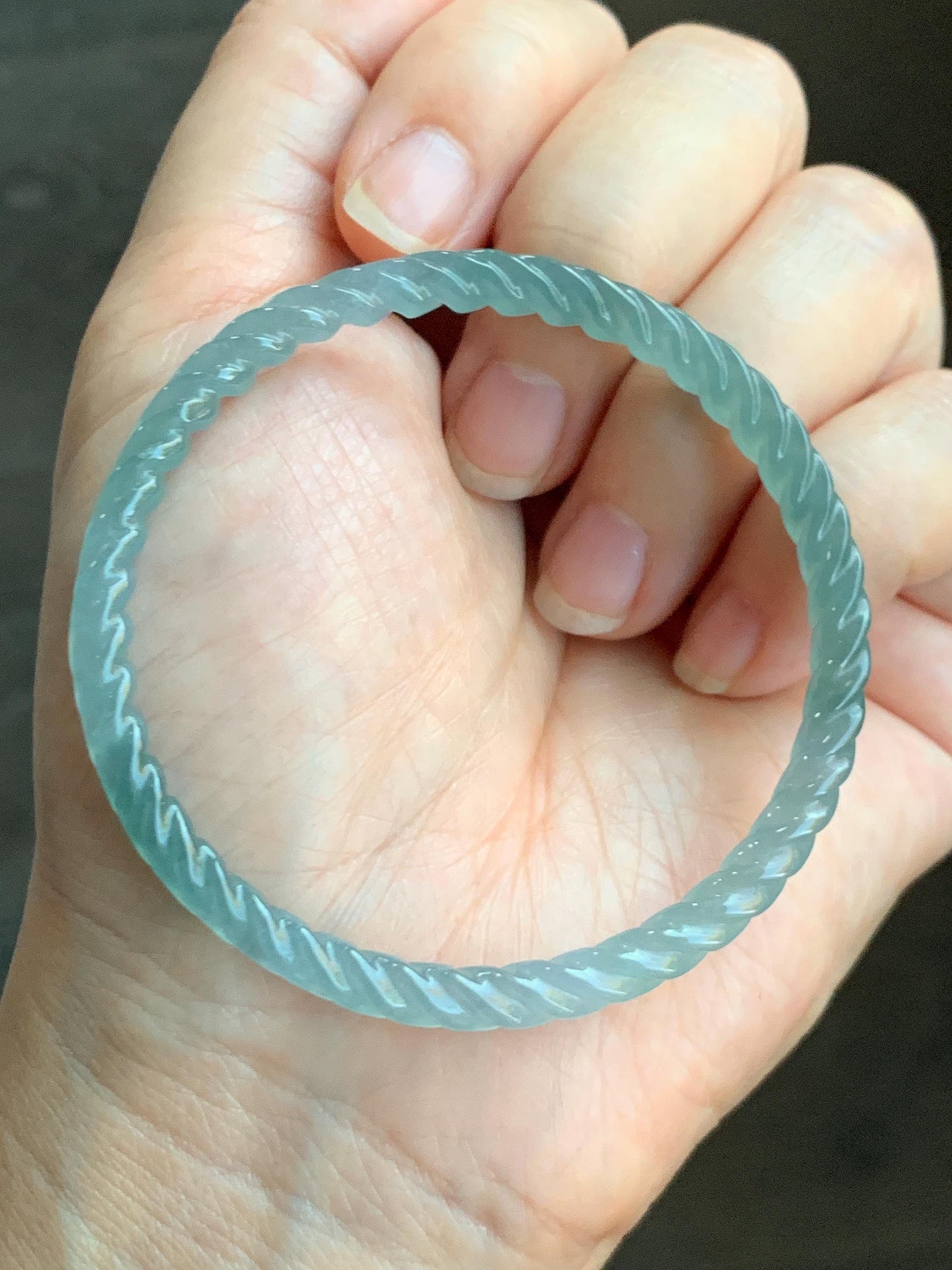 Certified Natural Grade A Guatemalan Icy Translucent Gelatinous Light Teal Jade Jadeite Carved Braid Bangle 54mm 6.68” 天然冰胶危浅蓝绿翡翠细麻花手镯 719