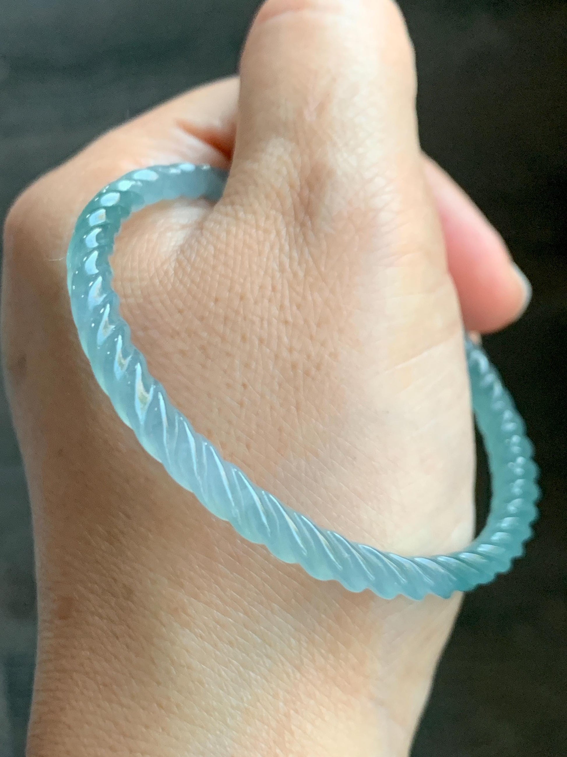 Certified Natural Grade A Guatemalan Icy Translucent Gelatinous Light Teal Jade Jadeite Carved Braid Bangle 54mm 6.68” 天然冰胶危浅蓝绿翡翠细麻花手镯 719