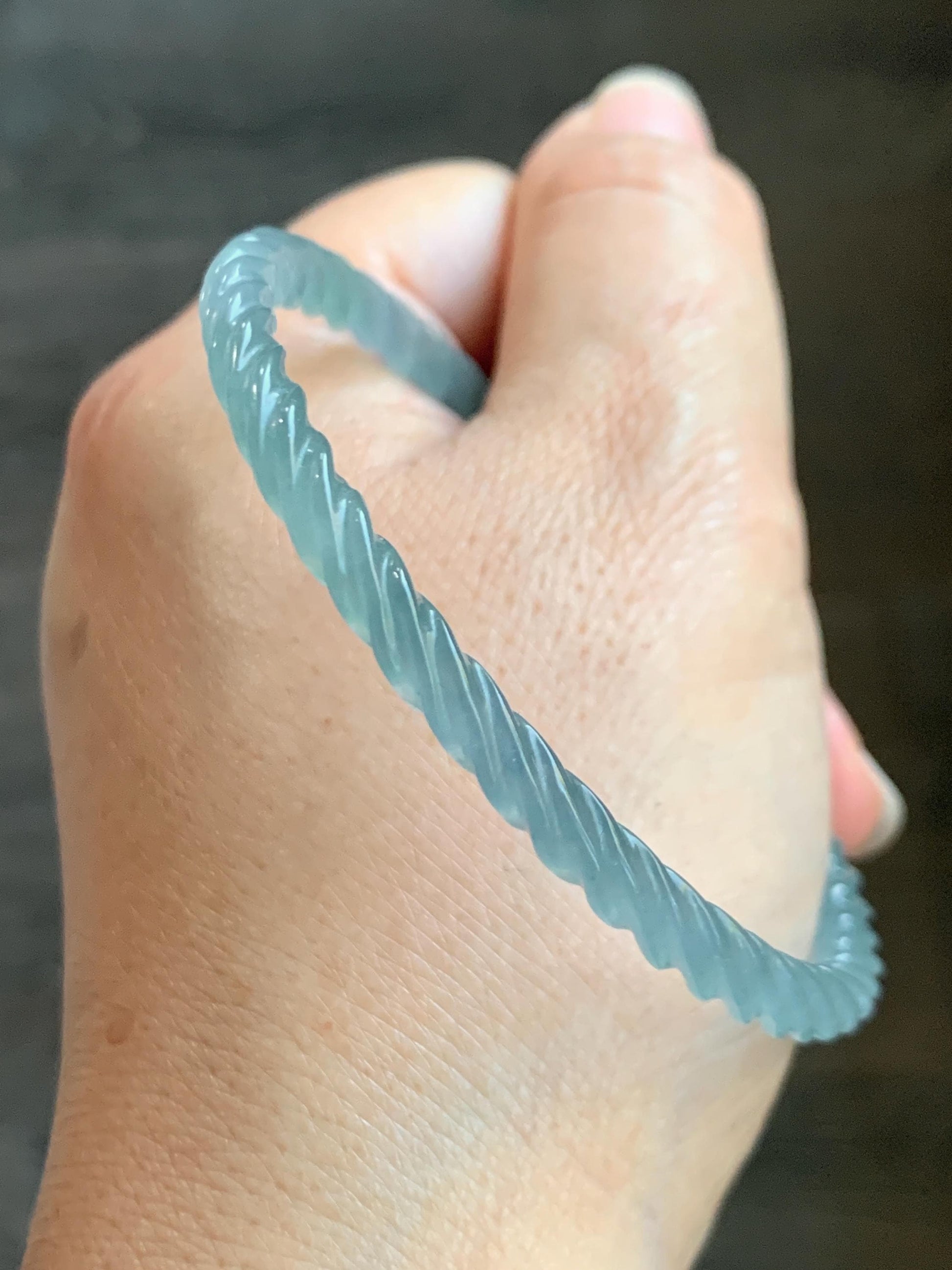 Certified Natural Grade A Guatemalan Icy Translucent Gelatinous Light Blue Jade Jadeite Carved Braid Bangle 59mm 7.29” 天然冰胶危浅蓝翡翠细麻花手镯 280