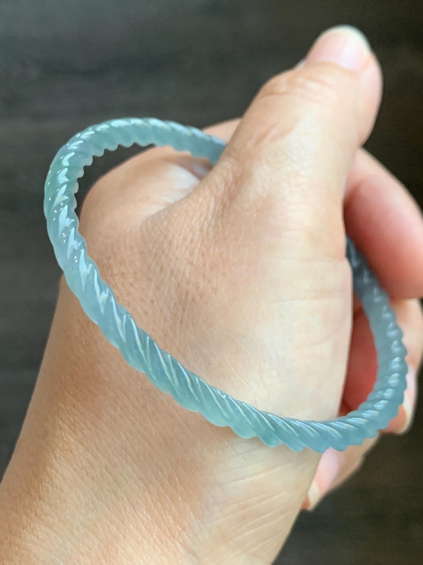 Certified Natural Grade A Guatemalan Icy Translucent Gelatinous Light Blue Jade Jadeite Carved Braid Bangle 59mm 7.29” 天然冰胶危浅蓝翡翠细麻花手镯 280