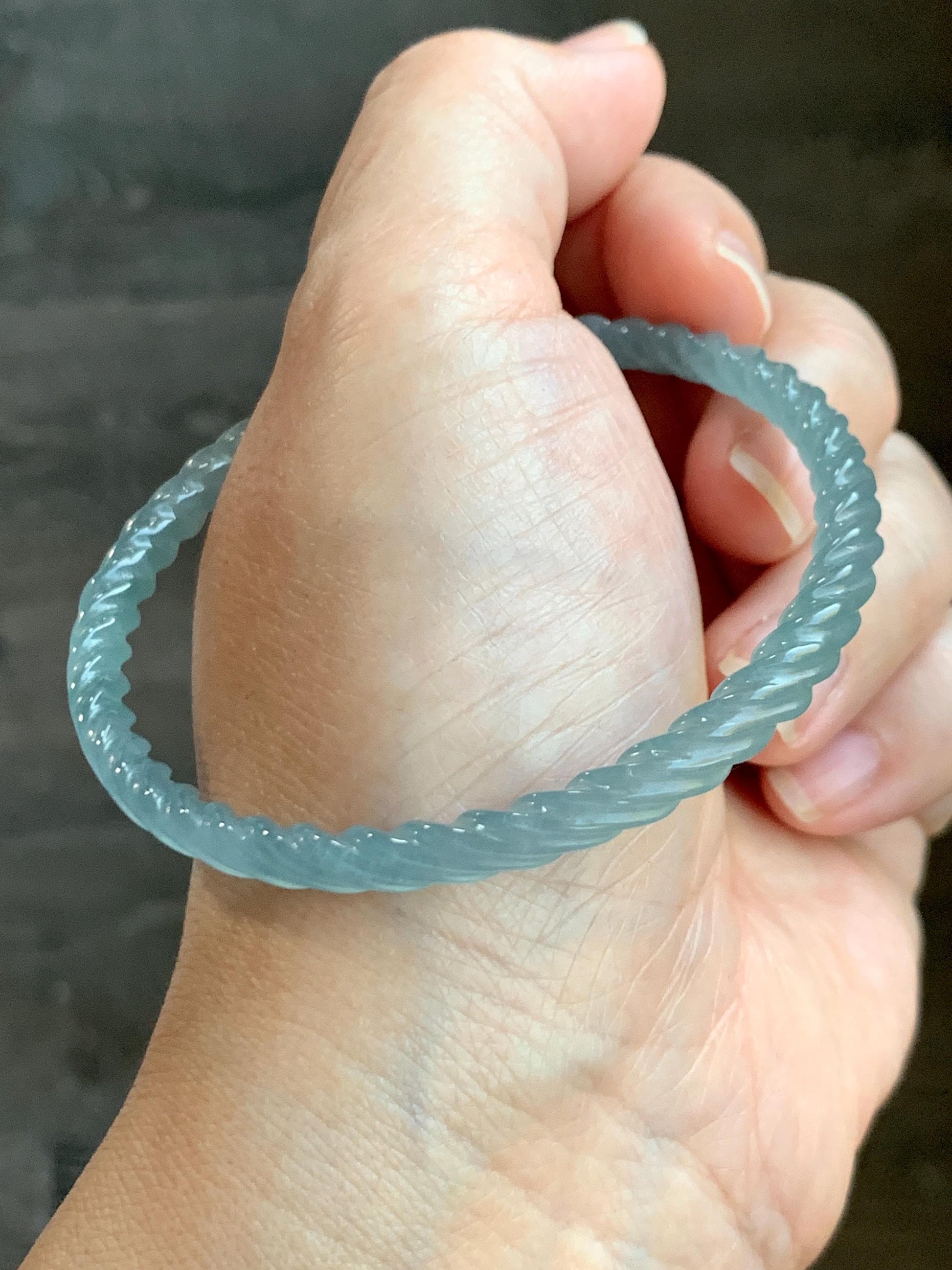 Certified Natural Grade A Guatemalan Icy Translucent Gelatinous Light Blue Jade Jadeite Carved Braid Bangle 59mm 7.29” 天然冰胶危浅蓝翡翠细麻花手镯 280