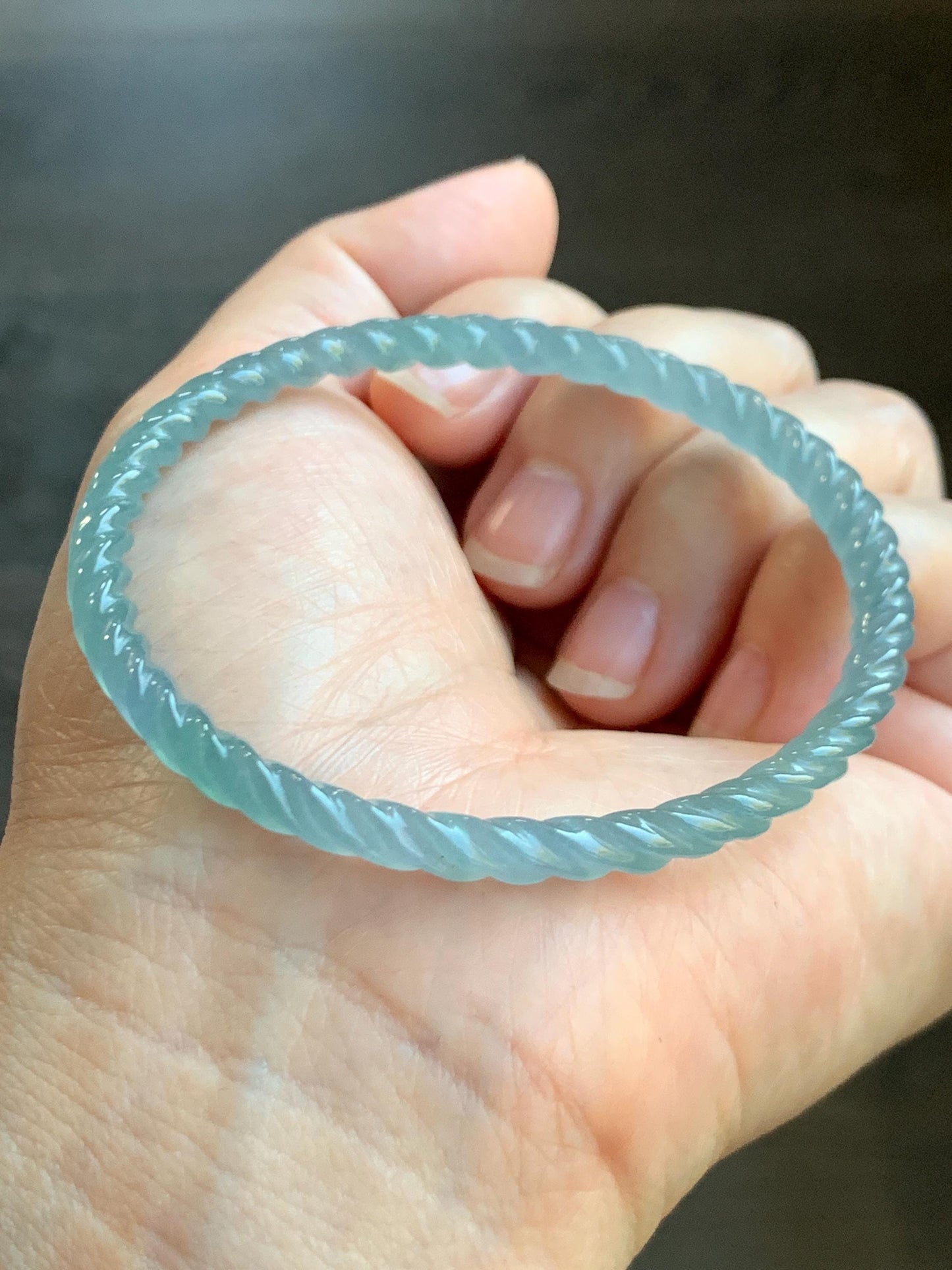 Certified Natural Grade A Guatemalan Icy Translucent Gelatinous Light Blue Jade Jadeite Carved Braid Bangle 59mm 7.29” 天然冰胶危浅蓝翡翠细麻花手镯 280