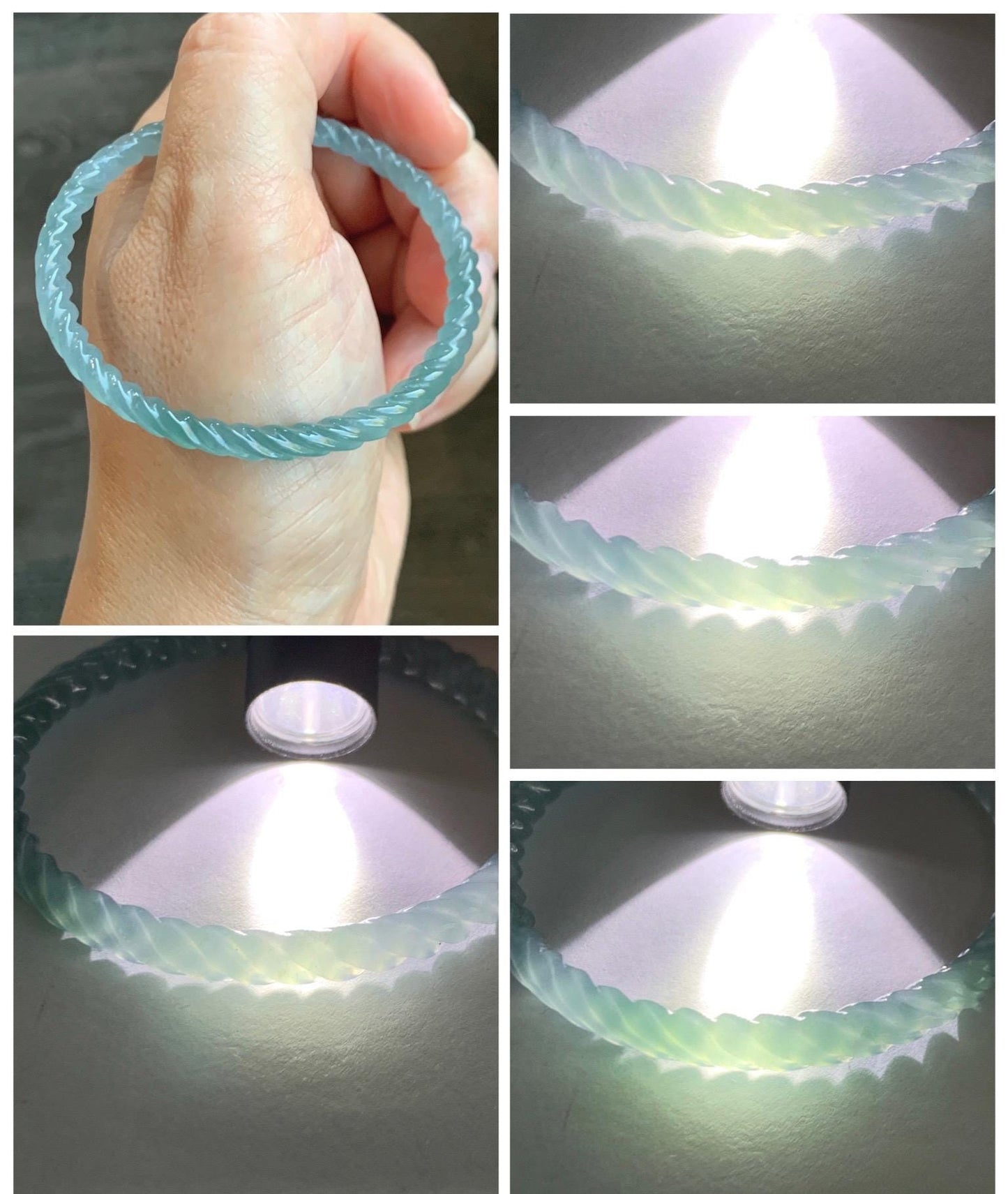 Certified Natural Grade A Guatemalan Icy Translucent Gelatinous Light Blue Jade Jadeite Carved Braid Bangle 55.94mm 6.9” 天然冰胶危浅蓝翡翠细麻花手镯 720