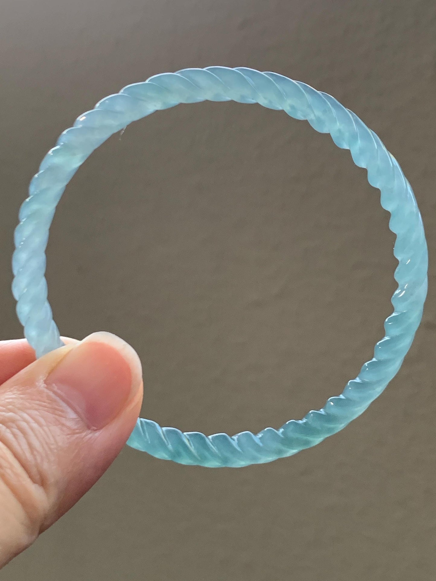 Certified Natural Grade A Guatemalan Icy Translucent Gelatinous Light Blue Jade Jadeite Carved Braid Bangle 55.94mm 6.9” 天然冰胶危浅蓝翡翠细麻花手镯 720