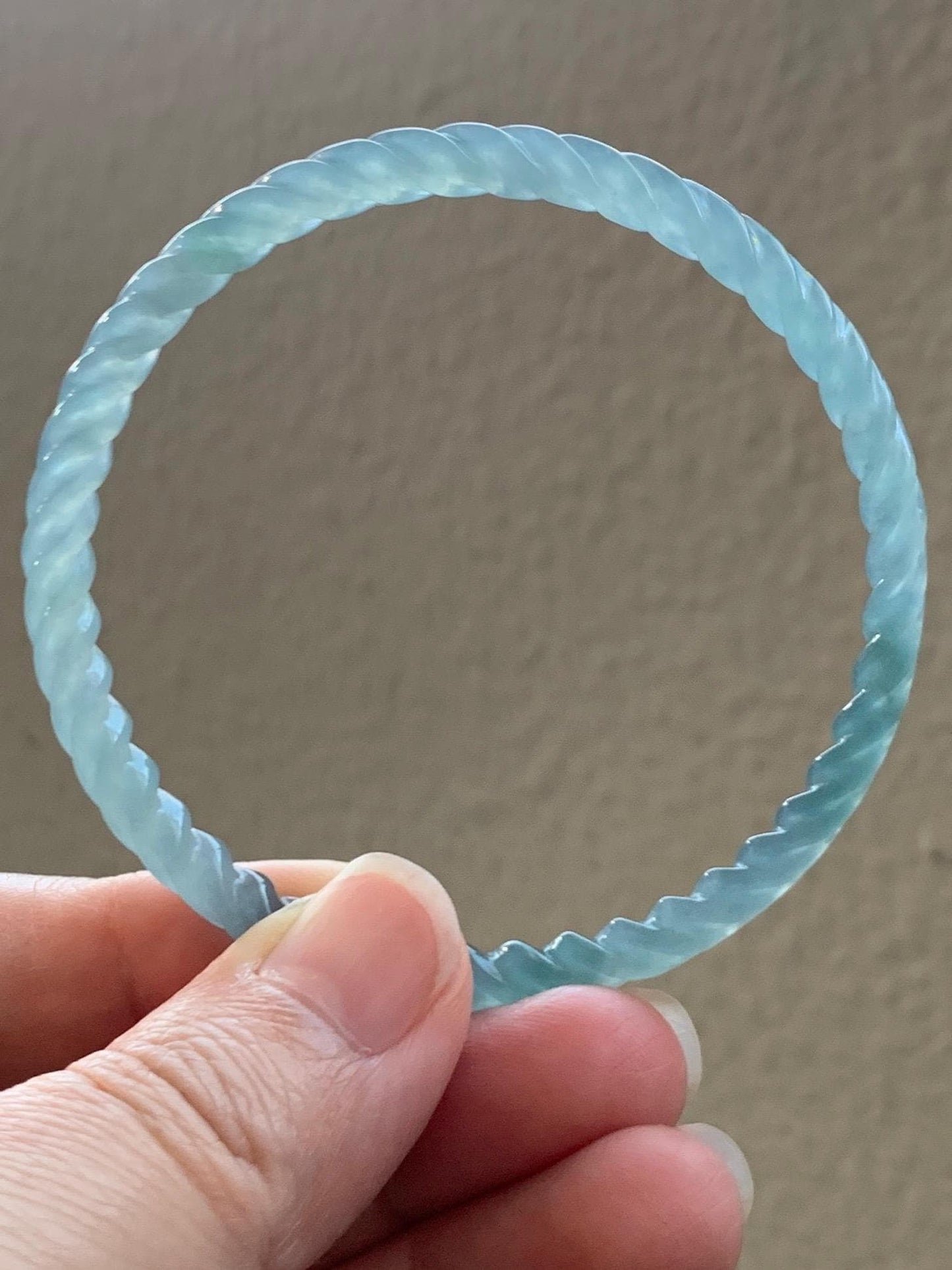 Certified Natural Grade A Guatemalan Icy Translucent Gelatinous Light Teal Jade Jadeite Carved Braid Bangle 56.82mm 7” 天然冰胶危浅蓝绿翡翠细麻花手镯 711