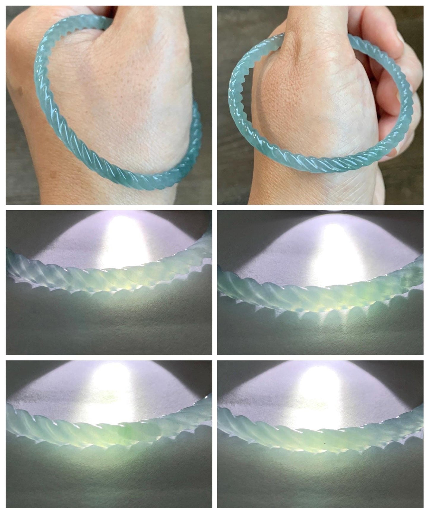 Certified Natural Grade A Guatemalan Icy Translucent Gelatinous Light Teal Jade Jadeite Carved Braid Bangle 56.82mm 7” 天然冰胶危浅蓝绿翡翠细麻花手镯 711
