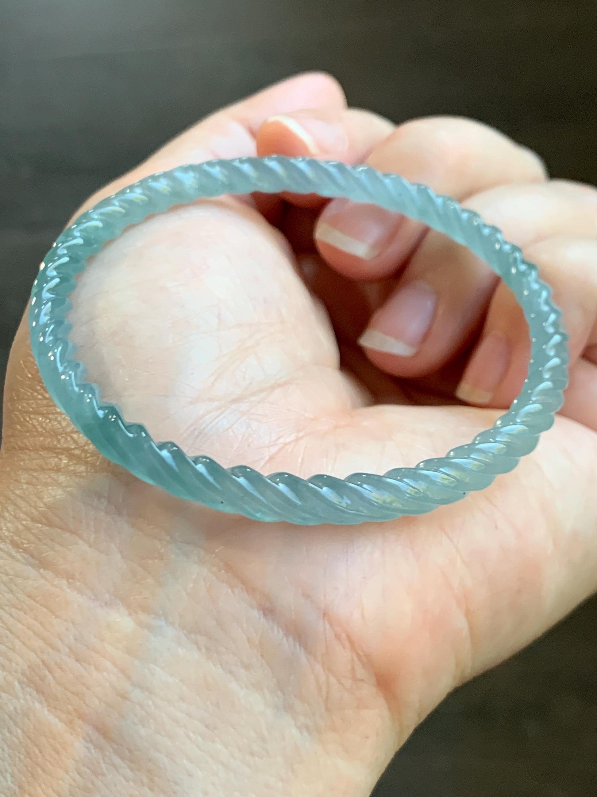 Certified Natural Grade A Guatemalan Icy Translucent Gelatinous Light Teal Jade Jadeite Carved Braid Bangle 56.82mm 7” 天然冰胶危浅蓝绿翡翠细麻花手镯 711