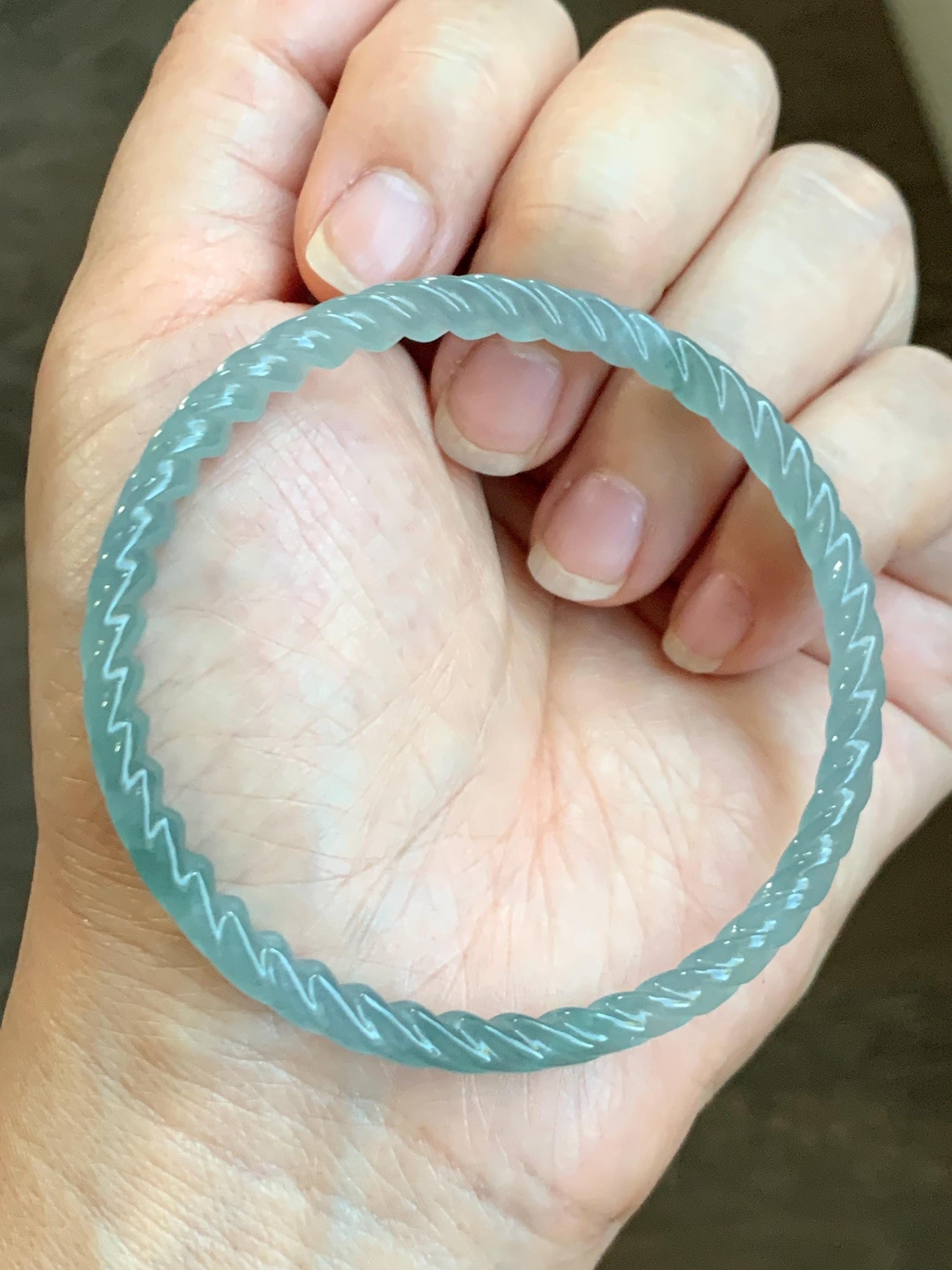 Certified Natural Grade A Guatemalan Icy Translucent Gelatinous Light Teal Jade Jadeite Carved Braid Bangle 56.82mm 7” 天然冰胶危浅蓝绿翡翠细麻花手镯 711