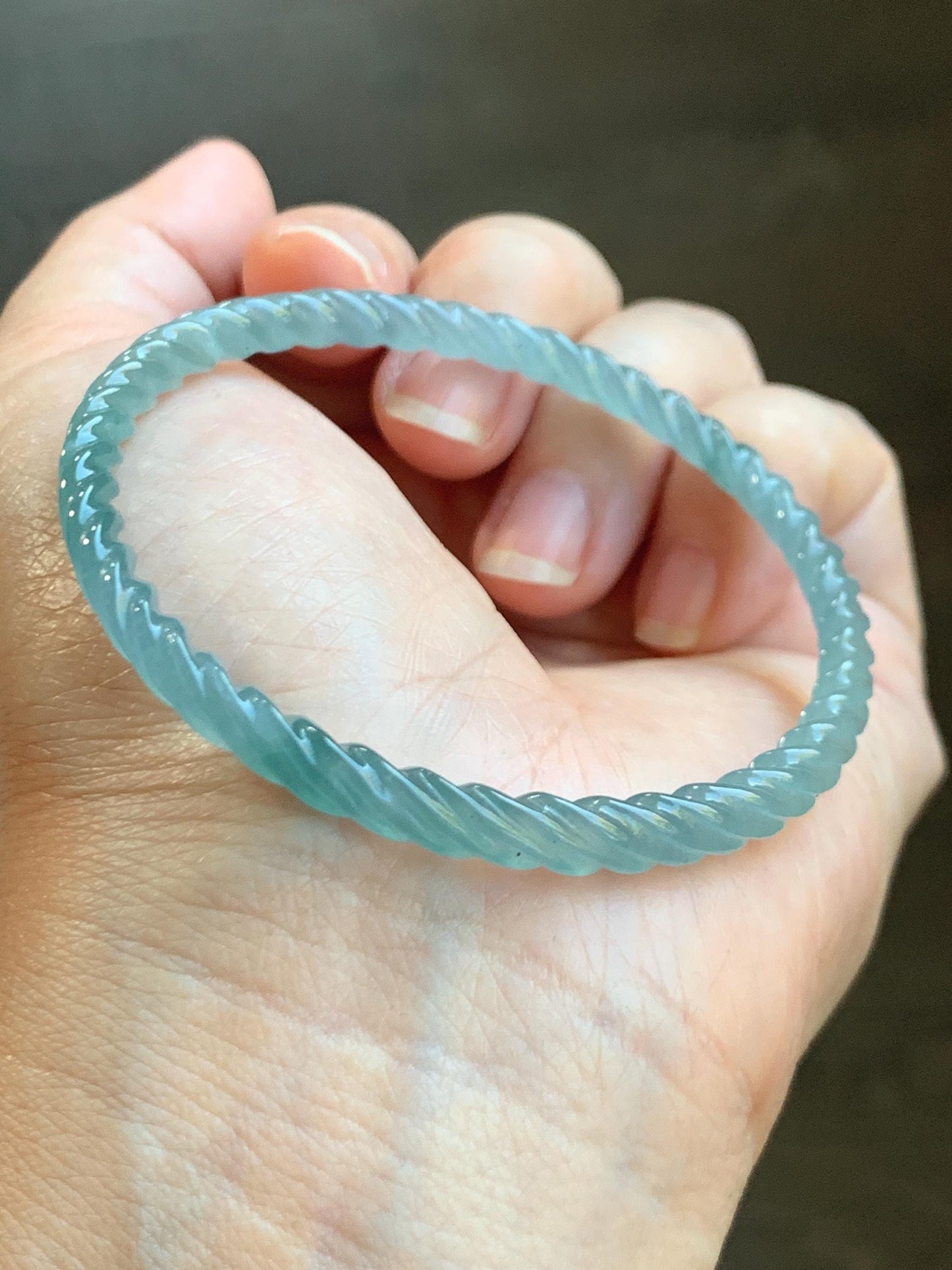 Certified Natural Grade A Guatemalan Icy Translucent Gelatinous Light Teal Jade Jadeite Carved Braid Bangle 56.82mm 7” 天然冰胶危浅蓝绿翡翠细麻花手镯 711