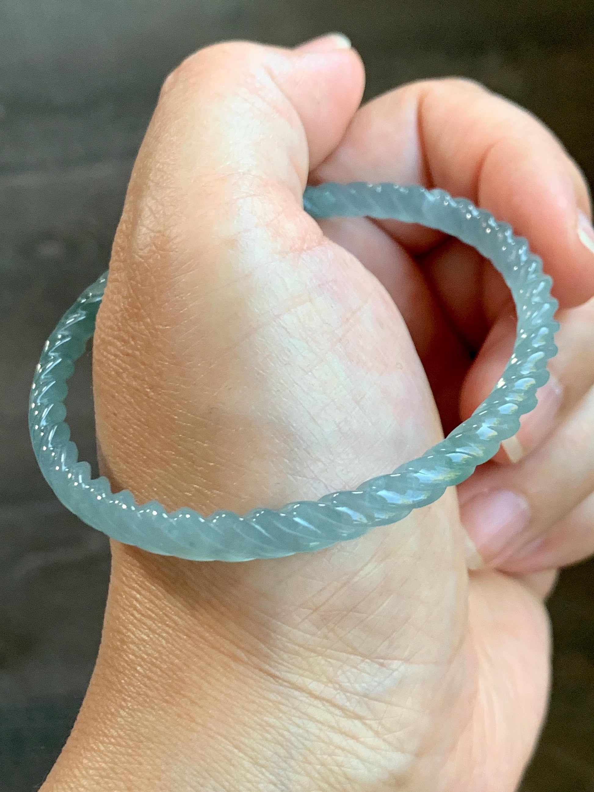 Certified Natural Grade A Guatemalan Icy Translucent Gelatinous Light Teal Jade Jadeite Carved Braid Bangle 56.82mm 7” 天然冰胶危浅蓝绿翡翠细麻花手镯 711
