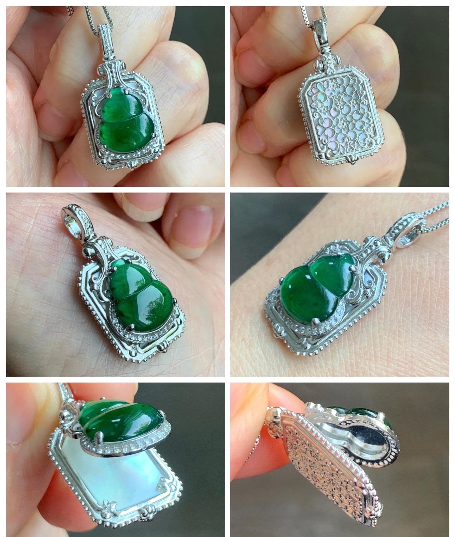 Natural Grade A Guatemalan Icy Translucent Vibrant Green Jade Jadeite Gourd Hulu Pendant Sterling Silver Mother of Pearl 天然冰危绿翡翠葫芦贝母吊坠DWG120