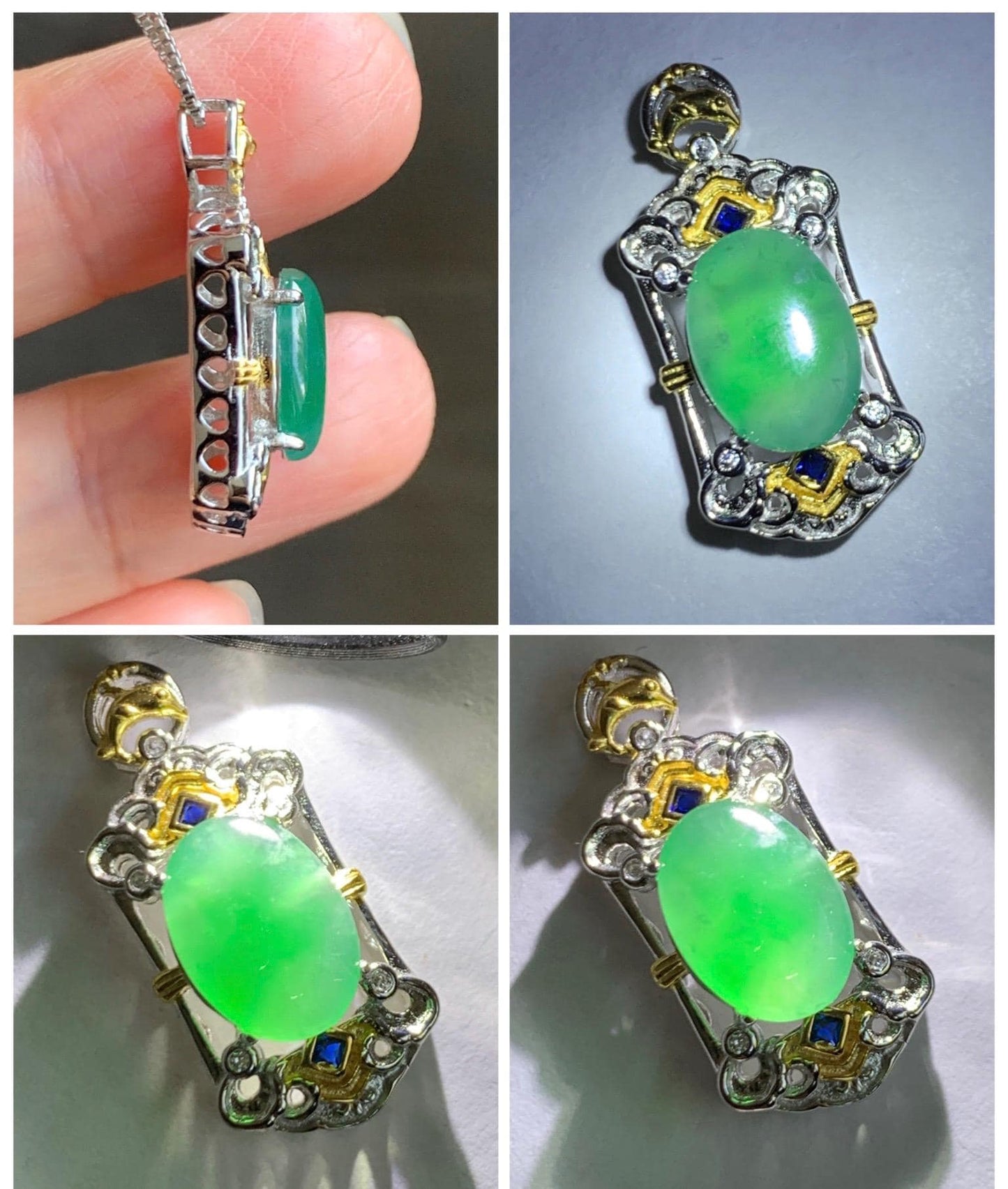 Natural Grade A Guatemalan Icy Translucent Green Jade Jadeite Oval Cabochon Pendant Sterling Silver 天然冰危绿翡翠椭圆蛋面吊坠 LWD120