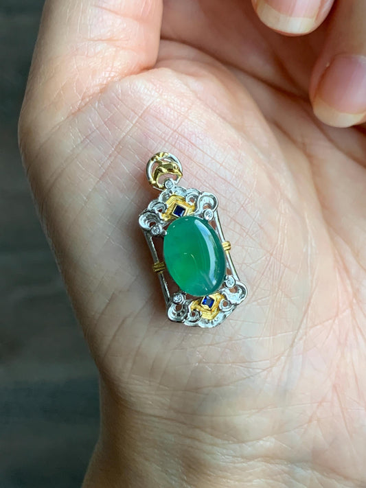 Natural Grade A Guatemalan Icy Translucent Green Jade Jadeite Oval Cabochon Pendant Sterling Silver 天然冰危绿翡翠椭圆蛋面吊坠 LWD120