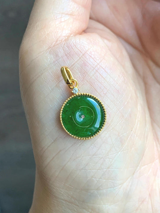 Natural Grade A Guatemalan Icy Highly Translucent Vibrant Green Jade Jadeite Ping An Kou Donut Pendant Sterling Silver 天然冰危绿翡翠平安扣银镶吊坠 PAK132