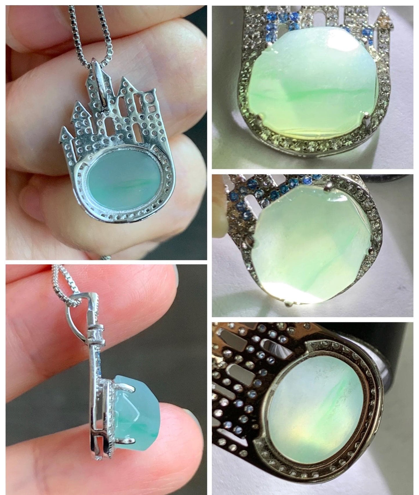 Natural Grade A Guatemalan Icy Translucent Pastel Green Marbled Faceted Jade Jadeite Castle Pendant Sterling Silver 天然冰危晴飘花翡翠切割面城堡吊坠 WXC120